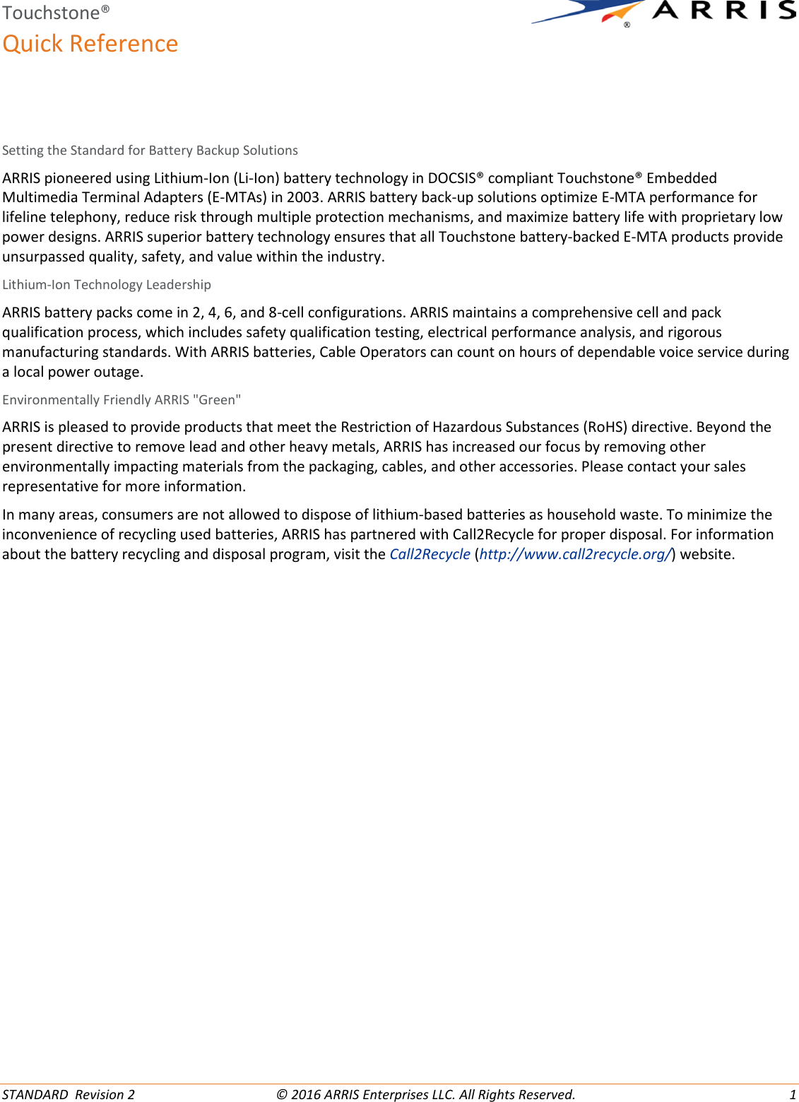 Page 1 of 12 - Arris Touchstone Battery BPB026S (Orderable SKU: 794068) Quick Reference User Manual BPB026S: Start Guide