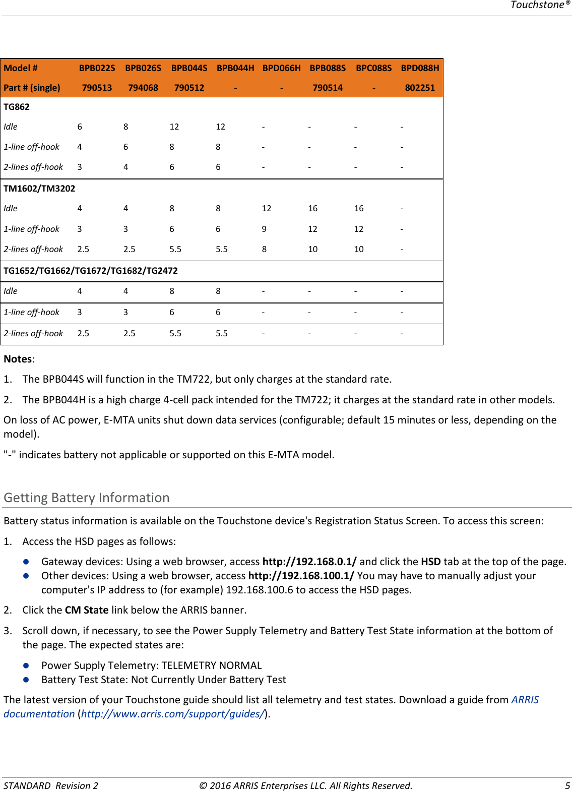 Page 5 of 12 - Arris Touchstone Battery BPB026S (Orderable SKU: 794068) Quick Reference User Manual BPB026S: Start Guide