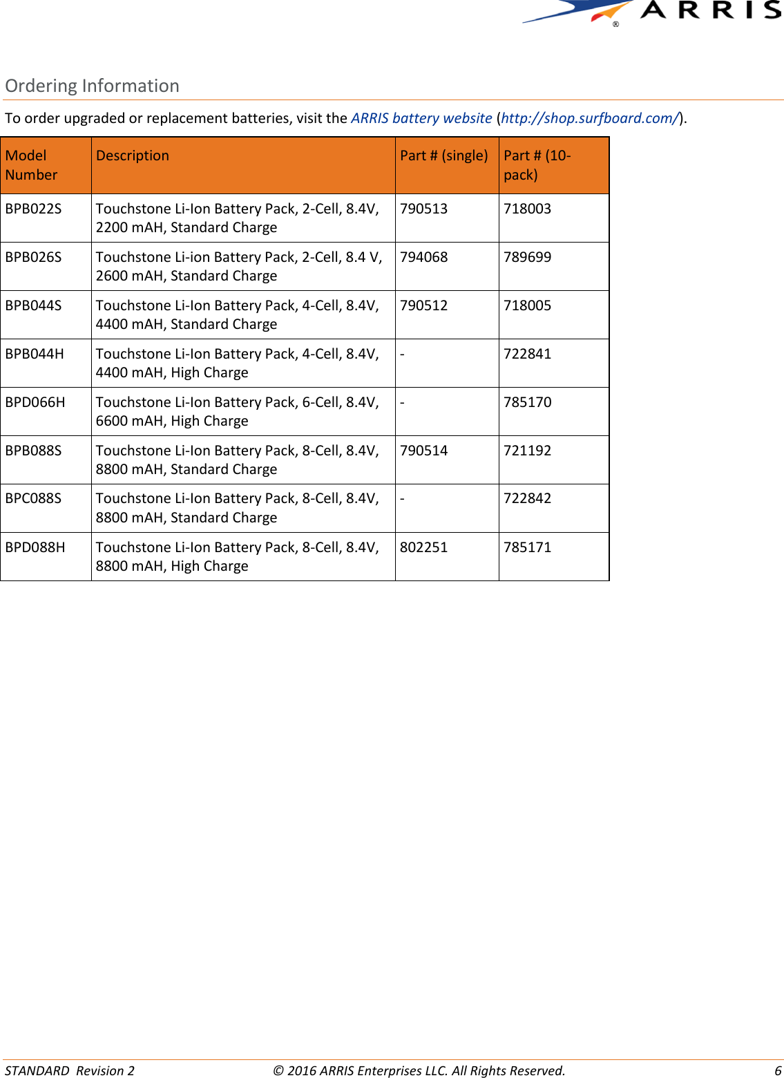 Page 6 of 12 - Arris Touchstone Battery BPB026S (Orderable SKU: 794068) Quick Reference User Manual BPB026S: Start Guide