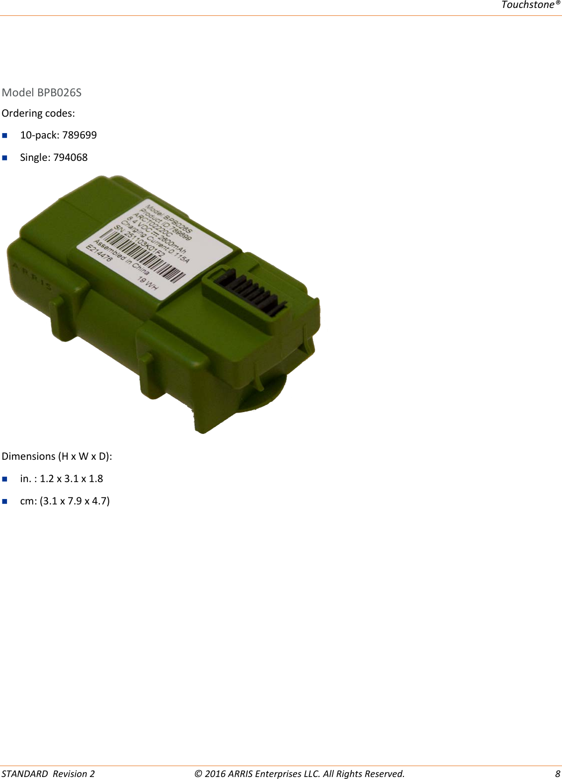 Page 8 of 12 - Arris Touchstone Battery BPB026S (Orderable SKU: 794068) Quick Reference User Manual BPB026S: Start Guide