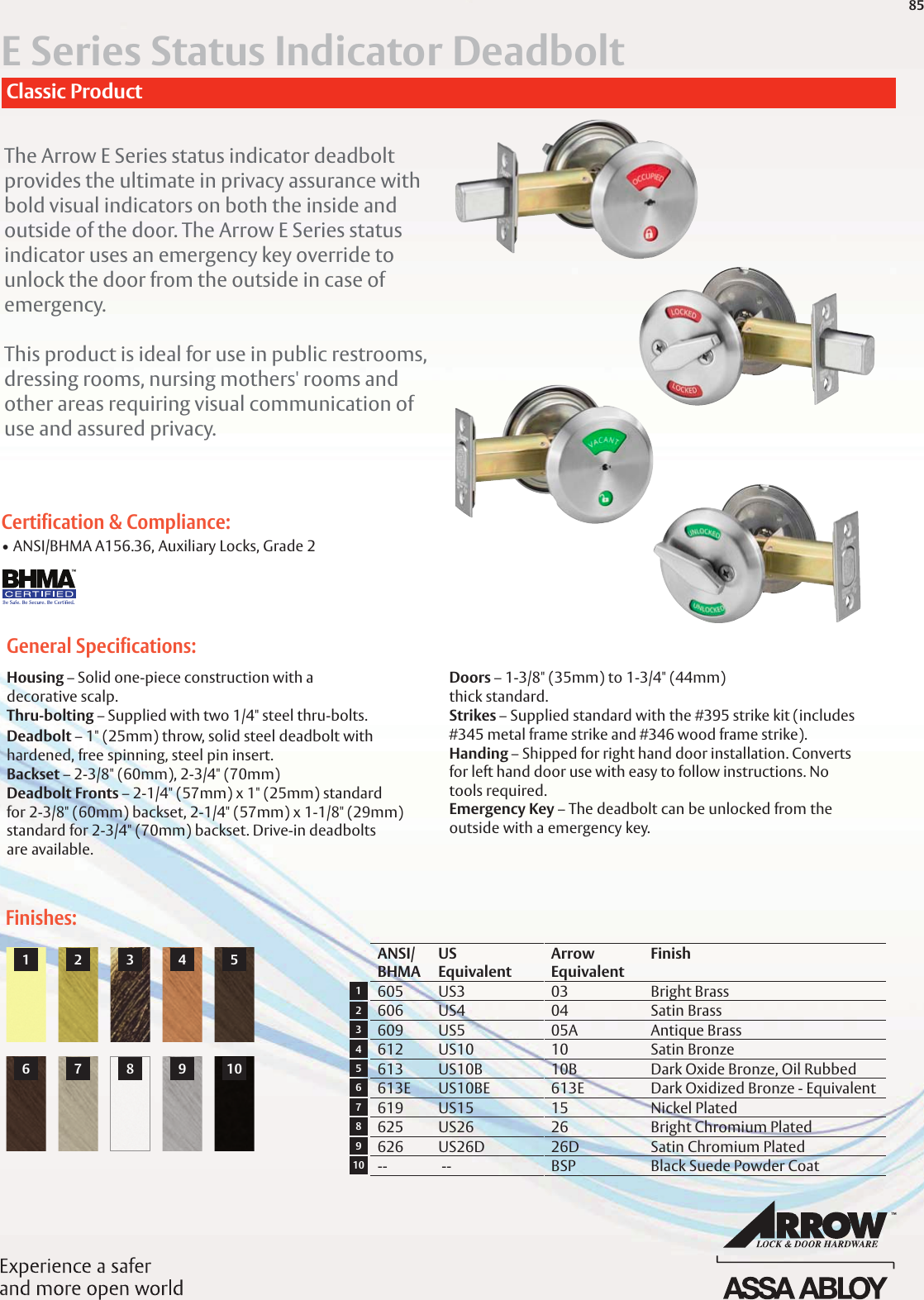 Page 1 of 1 - Arrow  E Series Deadbolts W/ Status Indicator Catalog