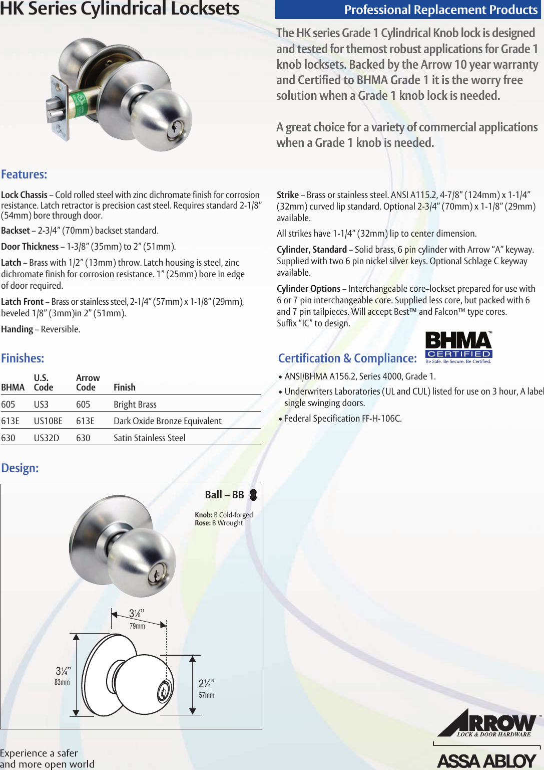 Page 1 of 2 - Arrow  HK Series Cylindrical Lock Cut Sheet Locksets