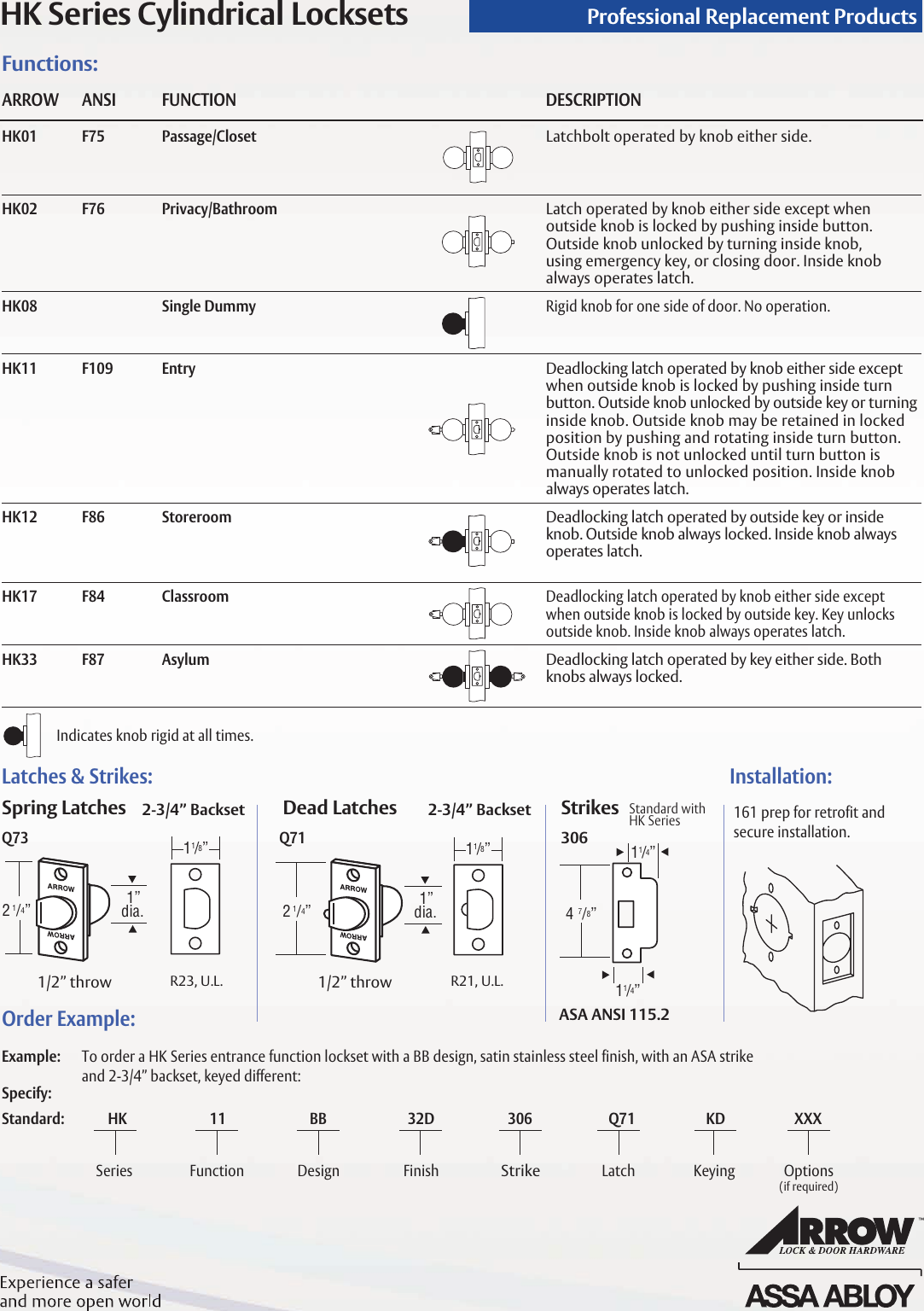 Page 2 of 2 - Arrow  HK Series Cylindrical Lock Cut Sheet Locksets