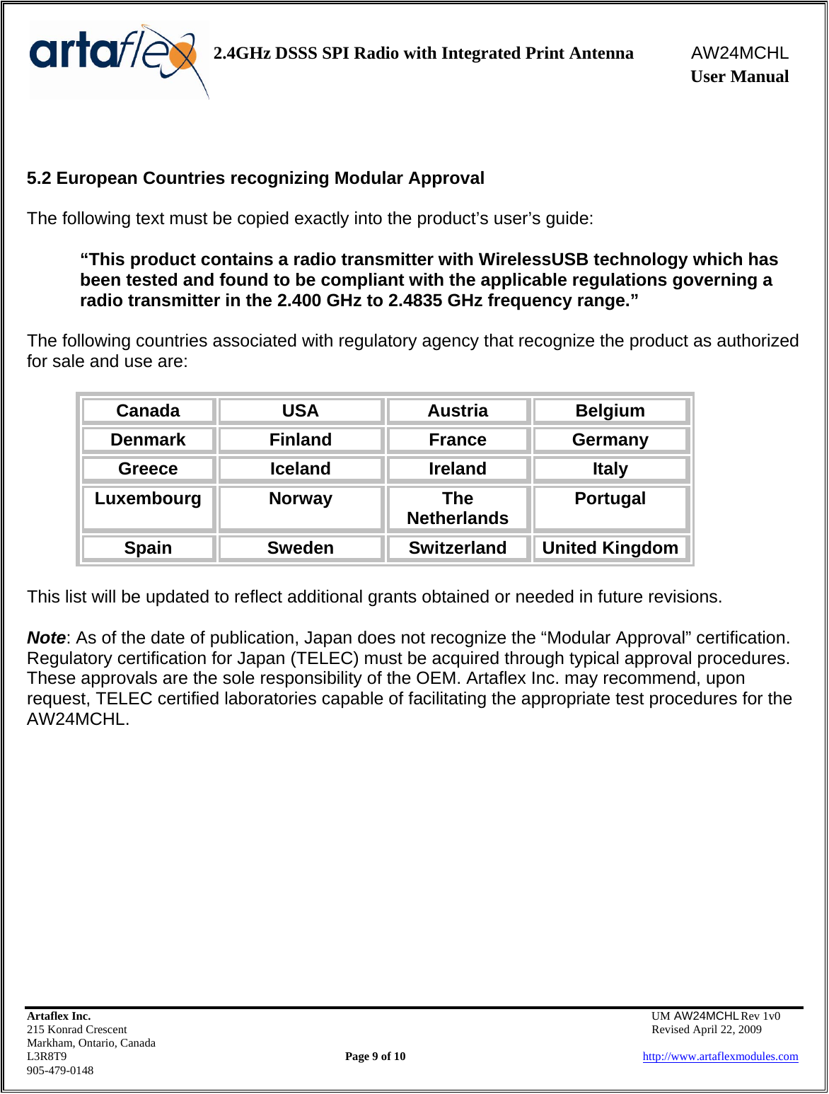    2.4GHz DSSS SPI Radio with Integrated Print Antenna  AW24MCHL              User Manual    Artaflex Inc.                                  UM AW24MCHL Rev 1v0 215 Konrad Crescent                                                  Revised April 22, 2009 Markham, Ontario, Canada L3R8T9                Page 9 of 10                          http://www.artaflexmodules.com 905-479-0148   5.2 European Countries recognizing Modular Approval  The following text must be copied exactly into the product’s user’s guide:  “This product contains a radio transmitter with WirelessUSB technology which has been tested and found to be compliant with the applicable regulations governing a radio transmitter in the 2.400 GHz to 2.4835 GHz frequency range.”  The following countries associated with regulatory agency that recognize the product as authorized for sale and use are:  Canada  USA  Austria  Belgium Denmark  Finland  France  Germany Greece  Iceland  Ireland  Italy Luxembourg  Norway  The Netherlands  Portugal Spain  Sweden  Switzerland  United Kingdom  This list will be updated to reflect additional grants obtained or needed in future revisions.  Note: As of the date of publication, Japan does not recognize the “Modular Approval” certification. Regulatory certification for Japan (TELEC) must be acquired through typical approval procedures. These approvals are the sole responsibility of the OEM. Artaflex Inc. may recommend, upon request, TELEC certified laboratories capable of facilitating the appropriate test procedures for the AW24MCHL.             