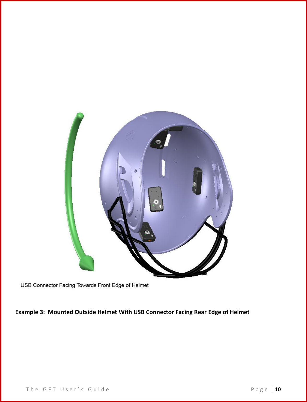 T h e   G F T   U s e r ’ s   G u i d e     P a g e  | 10                                                       Example 3:  Mounted Outside Helmet With USB Connector Facing Rear Edge of Helmet  