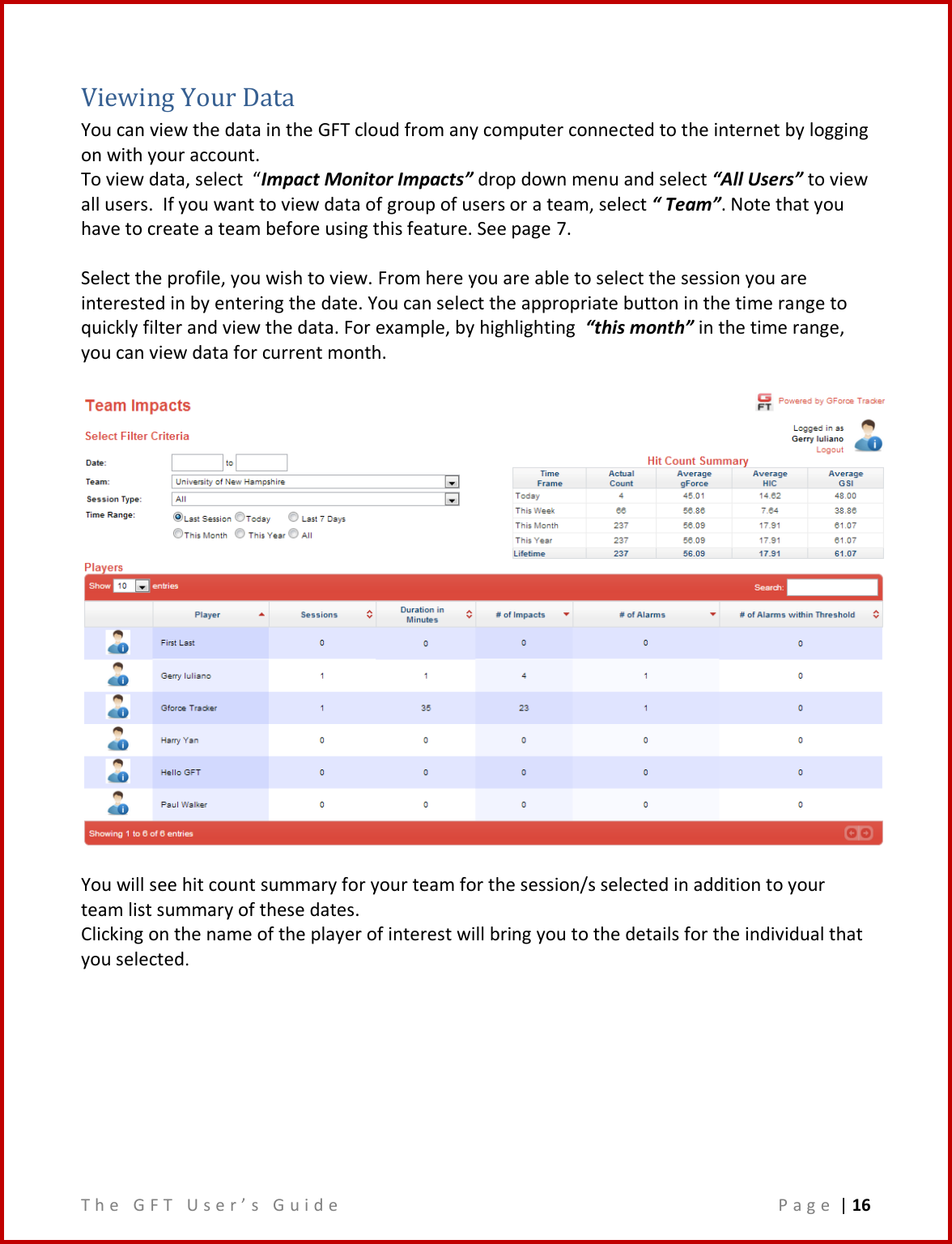 T h e   G F T   U s e r ’ s   G u i d e     P a g e  | 16  Viewing Your Data You can view the data in the GFT cloud from any computer connected to the internet by logging on with your account.  To view data, select  “Impact Monitor Impacts” drop down menu and select “All Users” to view all users.  If you want to view data of group of users or a team, select “ Team”. Note that you have to create a team before using this feature. See page 7.  Select the profile, you wish to view. From here you are able to select the session you are interested in by entering the date. You can select the appropriate button in the time range to quickly filter and view the data. For example, by highlighting  “this month” in the time range, you can view data for current month.    You will see hit count summary for your team for the session/s selected in addition to your team list summary of these dates.  Clicking on the name of the player of interest will bring you to the details for the individual that you selected.       