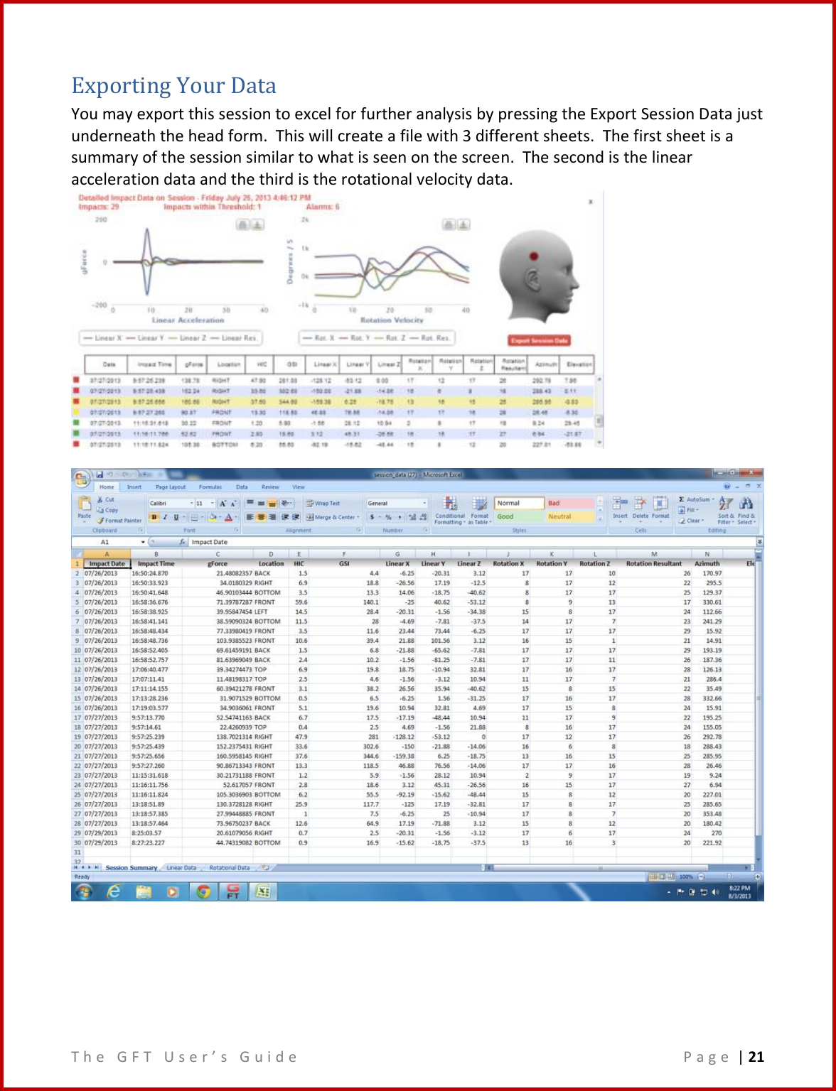 T h e   G F T   U s e r ’ s   G u i d e     P a g e  | 21  Exporting Your Data You may export this session to excel for further analysis by pressing the Export Session Data just underneath the head form.  This will create a file with 3 different sheets.  The first sheet is a summary of the session similar to what is seen on the screen.  The second is the linear acceleration data and the third is the rotational velocity data.       