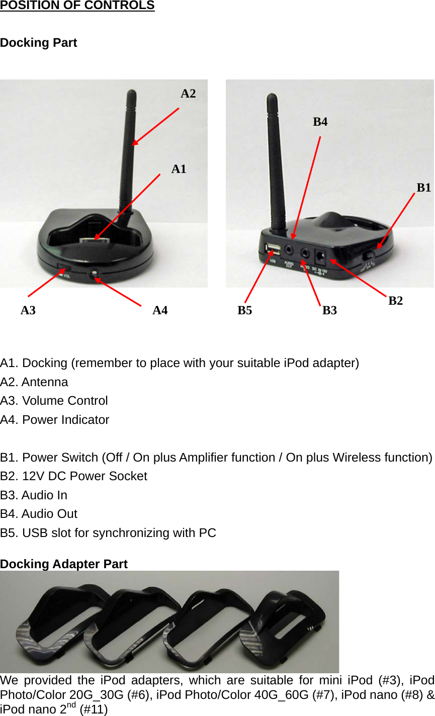 POSITION OF CONTROLS  Docking Part         A1. Docking (remember to place with your suitable iPod adapter) A2. Antenna A3. Volume Control A4. Power Indicator  B1. Power Switch (Off / On plus Amplifier function / On plus Wireless function) B2. 12V DC Power Socket B3. Audio In B4. Audio Out B5. USB slot for synchronizing with PC  Docking Adapter Part  We provided the iPod adapters, which are suitable for mini iPod (#3), iPod Photo/Color 20G_30G (#6), iPod Photo/Color 40G_60G (#7), iPod nano (#8) &amp; iPod nano 2nd (#11) A4 A3  B3 B4 B5  B2B1 A2 A1 