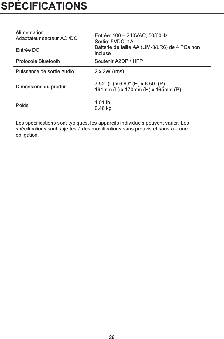 26SPÉCIFICATIONSAlimentationAdaptateur secteur AC /DCEntrée DCEntrée: 100 – 240VAC, 50/60HzSortie: 5VDC, 1ABatterie de taille AA (UM-3/LR6) de 4 PCs non incluseProtocole Bluetooth Soutenir A2DP / HFPPuissance de sortie audio 2 x 2W (rms)Dimensions du produit 7.52” (L) x 6.69” (H) x 6.50” (P)191mm (L) x 170mm (H) x 165mm (P)Poids 1.01 lb0.46 kgLes spécifications sont typiques, les appareils individuels peuvent varier. Les spécifications sont sujettes à des modifications sans préavis et sans aucune obligation.