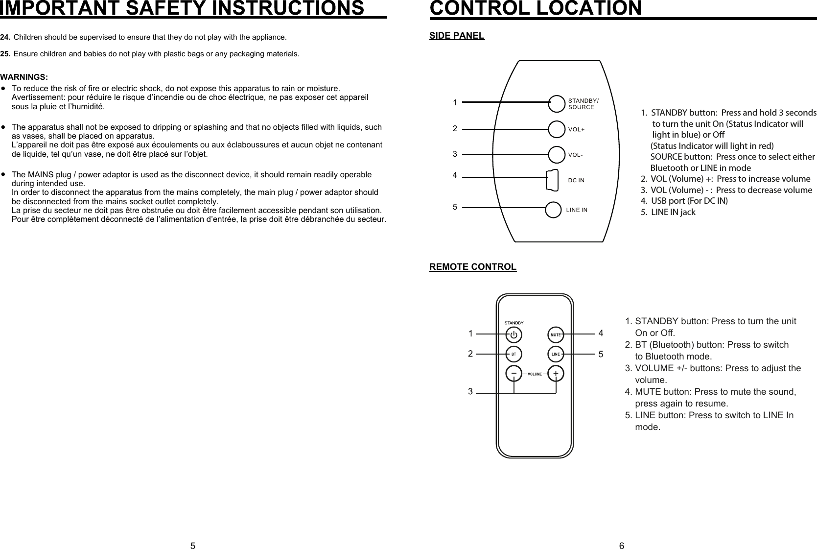 56Children should be supervised to ensure that they do not play with the appliance.Ensure children and babies do not play with plastic bags or any packaging materials.24.25.To reduce the risk of fire or electric shock, do not expose this apparatus to rain or moisture.Avertissement: pour réduire le risque d’incendie ou de choc électrique, ne pas exposer cet appareil sous la pluie et l’humidité.The apparatus shall not be exposed to dripping or splashing and that no objects filled with liquids, such as vases, shall be placed on apparatus.L’appareil ne doit pas être exposé aux écoulements ou aux éclaboussures et aucun objet ne contenant de liquide, tel qu’un vase, ne doit être placé sur l’objet.The MAINS plug / power adaptor is used as the disconnect device, it should remain readily operable during intended use.In order to disconnect the apparatus from the mains completely, the main plug / power adaptor should be disconnected from the mains socket outlet completely.La prise du secteur ne doit pas être obstruée ou doit être facilement accessible pendant son utilisation. Pour être complètement déconnecté de l’alimentation d’entrée, la prise doit être débranchée du secteur.WARNINGS:2341SIDE PANELREMOTE CONTROL1. STANDBY button: Press to turn the unit     On or Off.2. BT (Bluetooth) button: Press to switch     to Bluetooth mode.3. VOLUME +/- buttons: Press to adjust the     volume.4. MUTE button: Press to mute the sound,     press again to resume.5. LINE button: Press to switch to LINE In     mode.51.  STANDBY button:  Press and hold 3 seconds       to turn the unit On (Status Indicator will       light in blue) or O      (Status Indicator will light in red)     SOURCE button:  Press once to select either      Bluetooth or LINE in mode2.  VOL (Volume) +:  Press to increase volume3.  VOL (Volume) - :  Press to decrease volume 4.  USB port (For DC IN)5.  LINE IN jack