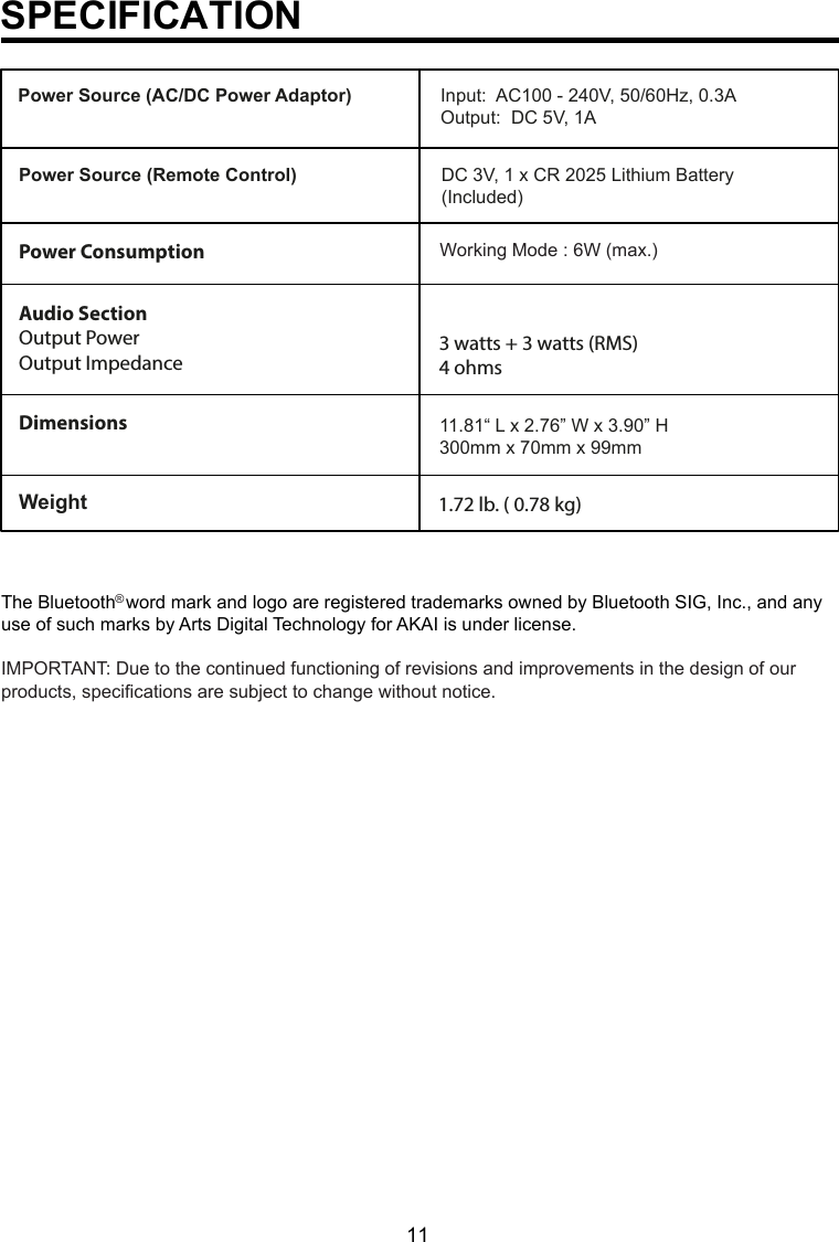 11SPECIFICATIONWorking Mode : 6W (max.)Weight 1.72 lb. ( 0.78 kg)3 watts + 3 watts (RMS)4 ohmsAudio SectionOutput PowerOutput ImpedancePower ConsumptionDimensionsPower Source (AC/DC Power Adaptor)11.81“ L x 2.76” W x 3.90” H300mm x 70mm x 99mmInput:  AC100 - 240V, 50/60Hz, 0.3AOutput:  DC 5V, 1APower Source (Remote Control) DC 3V, 1 x CR 2025 Lithium Battery (Included)IMPORTANT: Due to the continued functioning of revisions and improvements in the design of our products, specifications are subject to change without notice.The Bluetooth  word mark and logo are registered trademarks owned by Bluetooth SIG, Inc., and any use of such marks by Arts Digital Technology for AKAI is under license.®