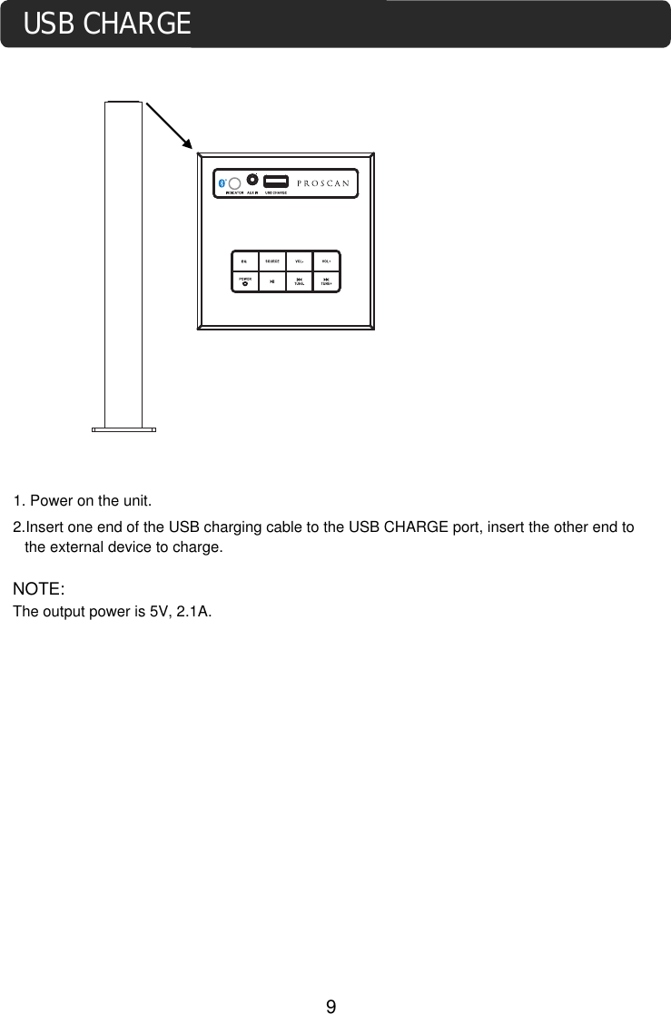 USB CHARGE92.Insert one end of the USB charging cable to the USB CHARGE port, insert the other end to the external device to charge. NOTE:The output power is 5V, 2.1A.X I1. Power on the unit. 