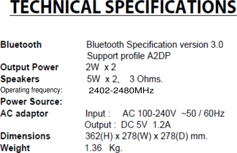 Operating frequency:2402-2480MHz