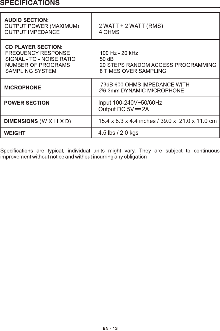 EN - 13SPECIFICATIONS15.4 x 8.3 x 4.4 inches / 39.0 x  21.0 x 11.0 cmInput 100-240V~50/60HzOutput DC 5V     2A4.5 lbs / 2.0 kgs4