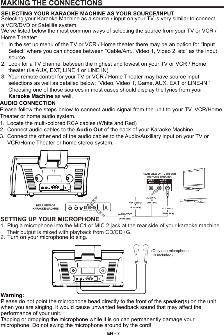 EN - 7AUX INPUTAUX INPUTREAR VIEW OF TV OR VCROR HOME THEATER1.  Plug a microphone into the MIC1 or MIC 2 jack at the rear side of your karaoke machine.     Their output is mixed with playback from CD/CD+G. 2.  Turn on your microphone to sing.(Only one microphone   is included)SETTING UP YOUR MICROPHONE    SELECTING YOUR KARAOKE MACHINE AS YOUR SOURCE/INPUTSelecting your Karaoke Machine as a source / input on your TV is very similar to connect a VCR/DVD or Satellite system.We’ve listed below the most common ways of selecting the source from your TV or VCR / Home Theater:1.  In the set up menu of the TV or VCR / Home theater there may be an option for “Input      Select” where you can choose between “Cable/Ant., Video 1, Video 2, etc” as the input      source.   2.  Look for a TV channel between the highest and lowest on your TV or VCR / Home      theater (i.e AUX, EXT, LINE 1 or LINE IN)3.  Your remote control for your TV or VCR / Home Theater may have source input      selections as well as detailed below: “Video, Video 1, Game, AUX, EXT or LINE-IN.”      Choosing one of those sources in most cases should display the lyrics from your     Karaoke Machine as well.AUDIO CONNECTION Please follow the steps below to connect audio signal from the unit to your TV, VCR/Home Theater or home audio system.1.  Locate the multi-colored RCA cables (White and Red) 2.  Connect audio cables to the Audio Out of the back of your Karaoke Machine.3.  Connect the other end of the audio cables to the Audio/Auxiliary input on your TV or      VCR/Home Theater or home stereo system.Warning:Please do not point the microphone head directly to the front of the speaker(s) on the unit when you are singing, it would cause unwanted feedback sound that may affect the performance of your unit.Tapping or dropping the microphone while it is on can permanently damage your microphone. Do not swing the microphone around by the cord!