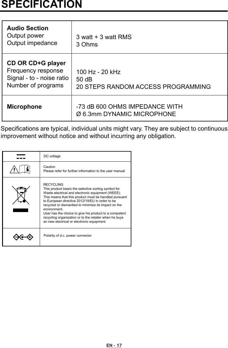 SPECIFICATIONSpecifications are typical, individual units might vary. They are subject to continuous improvement without notice and without incurring any obligation.Audio SectionOutput powerOutput impedanceCD OR CD+G playerFrequency responseSignal - to - noise ratioNumber of programsMicrophone3 watt + 3 watt RMS3 Ohms100 Hz - 20 kHz50 dB20 STEPS RANDOM ACCESS PROGRAMMING-73 dB 600 OHMS IMPEDANCE WITHØ 6.3mm DYNAMIC MICROPHONEEN - 17DC voltageCaution Please refer for further information to the user manualRECYCLINGThis product bears the selective sorting symbol for Waste electrical and electronic equipment (WEEE). This means that this product must be handled pursuant to European directive 2012/19/EU in order to be recycled or dismantled to minimize its impact on the environment.User has the choice to give his product to a competent recycling organization or to the retailer when he buys an new electrical or electronic equipment.Polarity of d.c. power connector