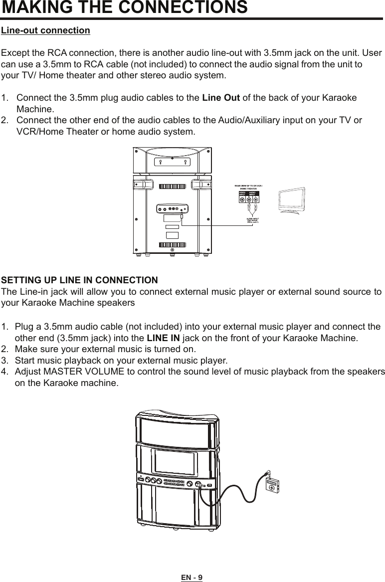 MAKING THE CONNECTIONS Line-out connectionExcept the RCA connection, there is another audio line-out with 3.5mm jack on the unit. User can use a 3.5mm to RCA cable (not included) to connect the audio signal from the unit to your TV/ Home theater and other stereo audio system.1.  Connect the 3.5mm plug audio cables to the Line Out of the back of your Karaoke      Machine.2.  Connect the other end of the audio cables to the Audio/Auxiliary input on your TV or      VCR/Home Theater or home audio system.SETTING UP LINE IN CONNECTIONThe Line-in jack will allow you to connect external music player or external sound source to your Karaoke Machine speakers1.  Plug a 3.5mm audio cable (not included) into your external music player and connect the    other end (3.5mm jack) into the LINE IN jack on the front of your Karaoke Machine.2.  Make sure your external music is turned on.3.  Start music playback on your external music player.4.  Adjust MASTER VOLUME to control the sound level of music playback from the speakers    on the Karaoke machine.EN - 9