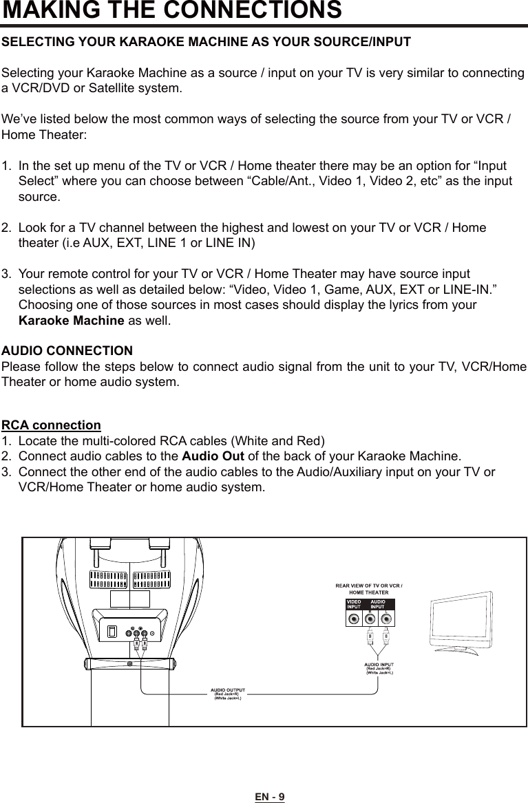 MAKING THE CONNECTIONS SELECTING YOUR KARAOKE MACHINE AS YOUR SOURCE/INPUTSelecting your Karaoke Machine as a source / input on your TV is very similar to connecting a VCR/DVD or Satellite system.We’ve listed below the most common ways of selecting the source from your TV or VCR / Home Theater:1.  In the set up menu of the TV or VCR / Home theater there may be an option for “Input      Select” where you can choose between “Cable/Ant., Video 1, Video 2, etc” as the input     source.2.  Look for a TV channel between the highest and lowest on your TV or VCR / Home      theater (i.e AUX, EXT, LINE 1 or LINE IN)3.  Your remote control for your TV or VCR / Home Theater may have source input      selections as well as detailed below: “Video, Video 1, Game, AUX, EXT or LINE-IN.”      Choosing one of those sources in most cases should display the lyrics from your     Karaoke Machine as well.AUDIO CONNECTION Please follow the steps below to connect audio signal from the unit to your TV, VCR/Home Theater or home audio system.RCA connection1.  Locate the multi-colored RCA cables (White and Red) 2.  Connect audio cables to the Audio Out of the back of your Karaoke Machine.3.  Connect the other end of the audio cables to the Audio/Auxiliary input on your TV or      VCR/Home Theater or home audio system.EN - 9