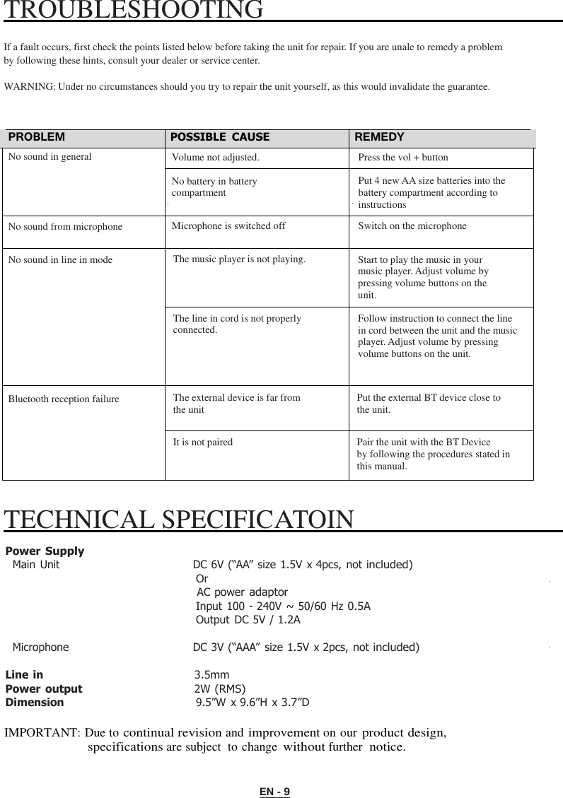 EN - 9   TROUBLESHOOTING    If a fault occurs, first check the points listed below before taking the unit for repair. If you are unale to remedy a problem by following these hints, consult your dealer or service center.  WARNING: Under no circumstances should you try to repair the unit yourself, as this would invalidate the guarantee.    PROBLEM POSSIBLE CAUSE REMEDY No sound in general Volume not adjusted. Press the vol + button No battery in battery compartment Put 4 new AA size batteries into the battery compartment according to instructions No sound from microphone Microphone is switched off Switch on the microphone No sound in line in mode The music player is not playing. Start to play the music in your music player. Adjust volume by pressing volume buttons on the unit. The line in cord is not properly connected. Follow instruction to connect the line in cord between the unit and the music player. Adjust volume by pressing volume buttons on the unit.  Bluetooth reception failure The external device is far from the unit Put the external BT device close to the unit. It is not paired Pair the unit with the BT Device by following the procedures stated in this manual.   TECHNICAL SPECIFICATOIN    Power Supply Main Unit   DC 6V (“AA” size 1.5V  x 4pcs, not included) Or AC power adaptor Input 100 - 240V ~ 50/60 Hz 0.5A Output  DC 5V / 1.2A  Microphone   DC 3V (“AAA” size 1.5V x 2pcs,  not included)  Line in  3.5mm Power  output   2W (RMS) Dimension   9.5”W x 9.6”H  x 3.7”D  IMPORTANT: Due to continual revision and improvement on our product design, specifications are subject  to change without further  notice. 