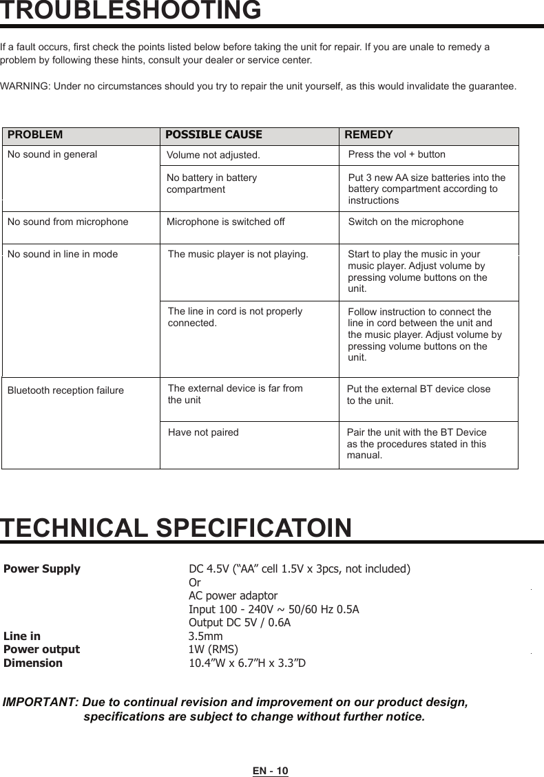 If a fault occurs, first check the points listed below before taking the unit for repair. If you are unale to remedy a problem by following these hints, consult your dealer or service center.WARNING: Under no circumstances should you try to repair the unit yourself, as this would invalidate the guarantee.     IMPORTANT: Due to continual revision and improvement on our product design,                        specifications are subject to change without further notice.Power Supply                               DC 4.5V (“AA” cell 1.5V x 3pcs, not included)                                                     Or                                                     AC power adaptor                                                     Input 100 - 240V ~ 50/60 Hz 0.5A                                                     Output DC 5V / 0.6ALine in                                             3.5mmPower output                                 1W (RMS)Dimension                                    10.4”W x 6.7”H x 3.3”D PROBLEM POSSIBLE CAUSE REMEDYNo sound in generalNo sound from microphoneVolume not adjusted.No battery in battery compartmentMicrophone is switched offPress the vol + buttonPut 3 new AA size batteries into the battery compartment according to instructionsSwitch on the microphoneNo sound in line in mode The music player is not playing.The line in cord is not properly connected.Start to play the music in your music player. Adjust volume by pressing volume buttons on the unit.Follow instruction to connect the line in cord between the unit and the music player. Adjust volume by pressing volume buttons on the unit.TROUBLESHOOTINGTECHNICAL SPECIFICATOINEN - 10Pair the unit with the BT Device as the procedures stated in this manual.Bluetooth reception failure The external device is far from the unitPut the external BT device close to the unit.Have not paired