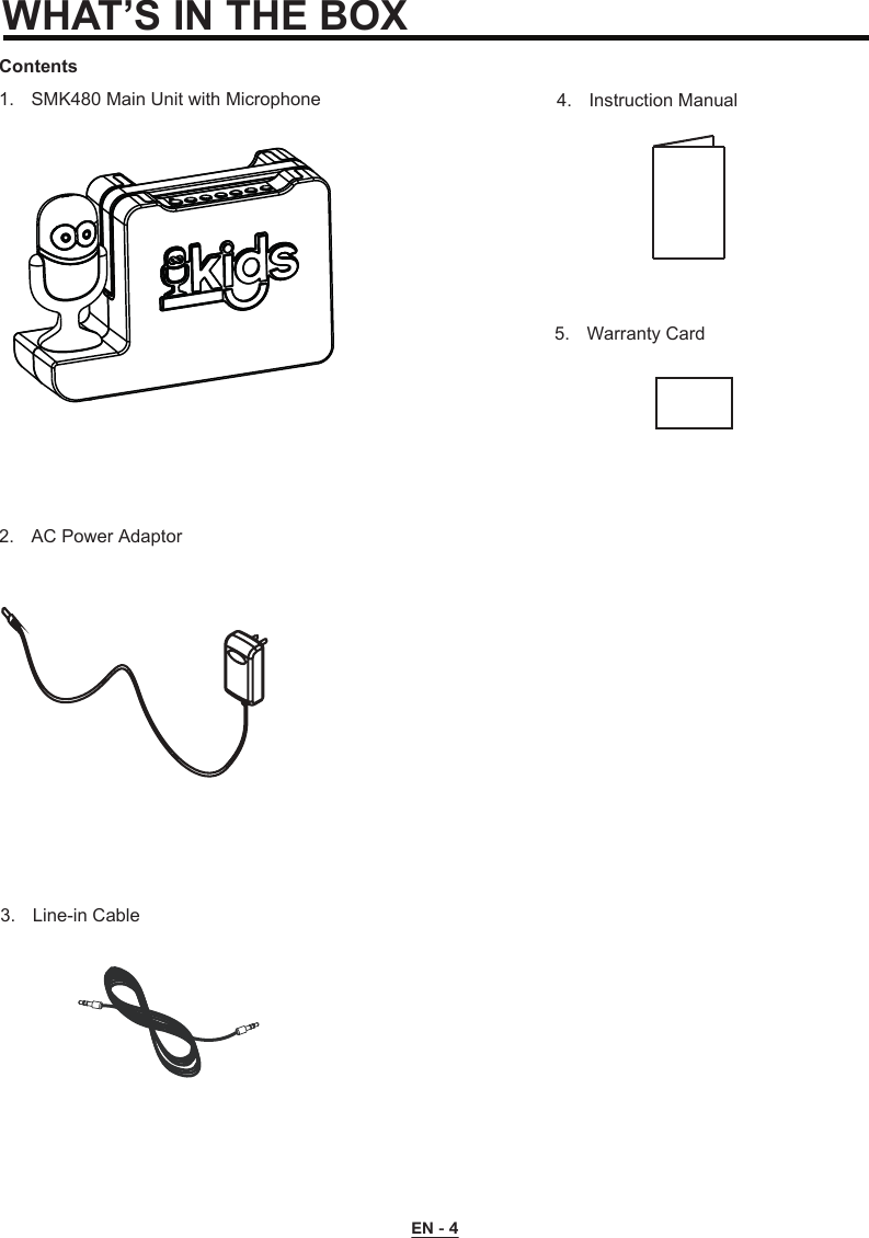 EN - 4ContentsSMK480 Main Unit with Microphone1.AC Power Adaptor2.Instruction Manual4.Warranty Card5.Line-in Cable3.WHAT’S IN THE BOX