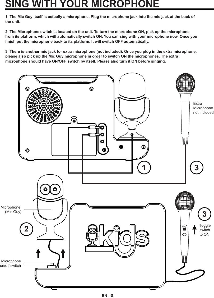 EN - 8SING WITH YOUR MICROPHONE1. The Mic Guy itself is actually a microphone. Plug the microphone jack into the mic jack at the back of the unit. 2. The Microphone switch is located on the unit. To turn the microphone ON, pick up the microphone from its platform, which will automatically switch ON. You can sing with your microphone now. Once you finish put the microphone back to its platform. It will switch OFF automatically.3. There is another mic jack for extra microphone (not included). Once you plug in the extra microphone, please also pick up the Mic Guy microphone in order to switch ON the microphones. The extra microphone should have ON/OFF switch by itself. Please also turn it ON before singing.Microphone (Mic Guy)Microphoneon/off switchToggle switchto ON1 332Extra Microphonenot included