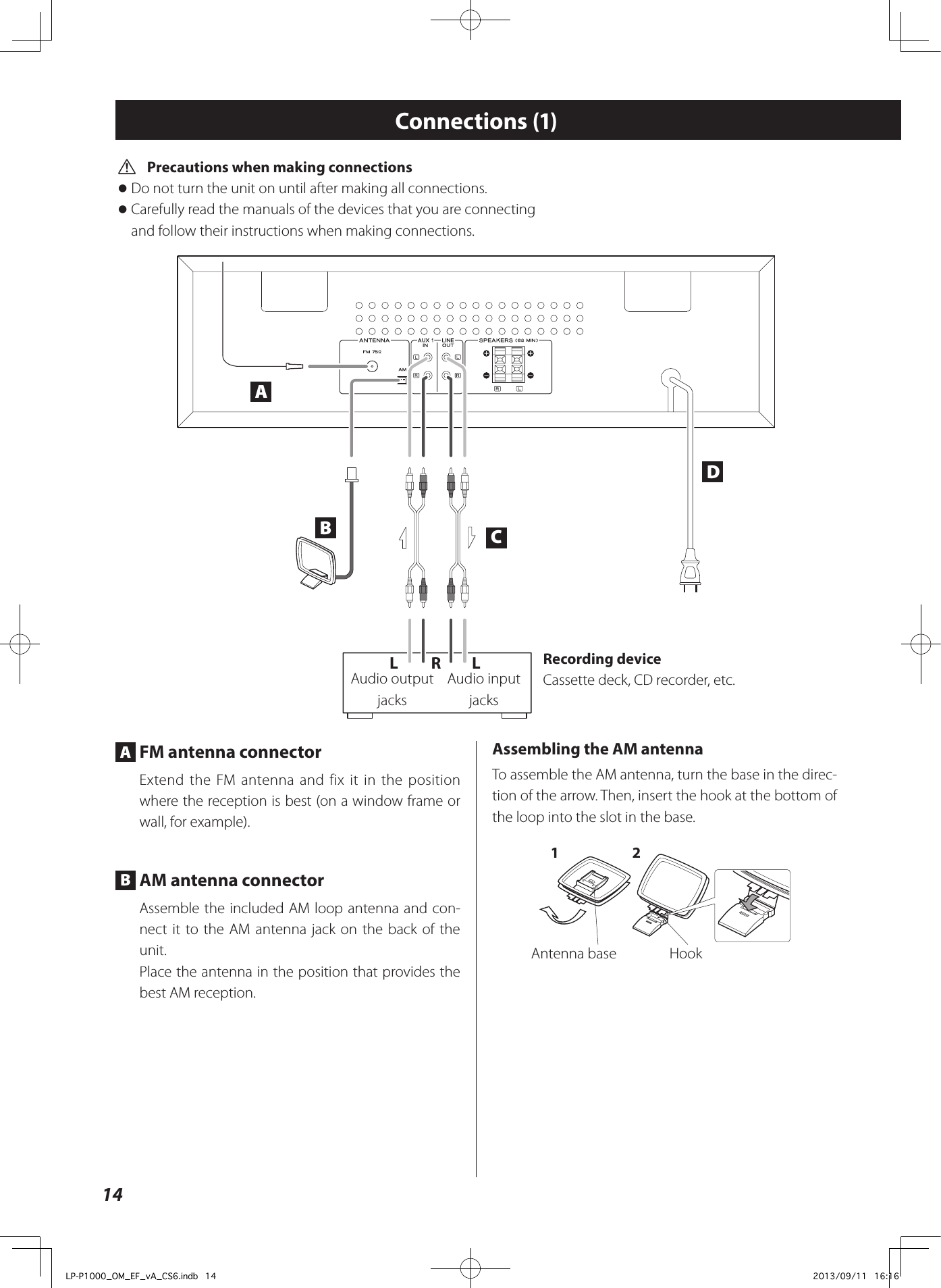 14 VPrecautions when making connections oDo not turn the unit on until after making all connections. oCarefully read the manuals of the devices that you are connecting  and follow their instructions when making connections.BCDALLRConnections (1) A FM antenna connectorExtend the FM antenna and fix it in the position where the reception is best (on a window frame or wall, for example). B  AM antenna connectorAssemble the included AM loop antenna and con-nect it to the AM antenna jack on the back of the unit. Place the antenna in the position that provides the best AM reception. Assembling the AM antenna To assemble the AM antenna, turn the base in the direc-tion of the arrow. Then, insert the hook at the bottom of the loop into the slot in the base. Antenna base Hook1 2Recording device Cassette deck, CD recorder, etc.Audio output jacksAudio input jacksLP-P1000_OM_EF_vA_CS6.indb   14 2013/09/11   16:16