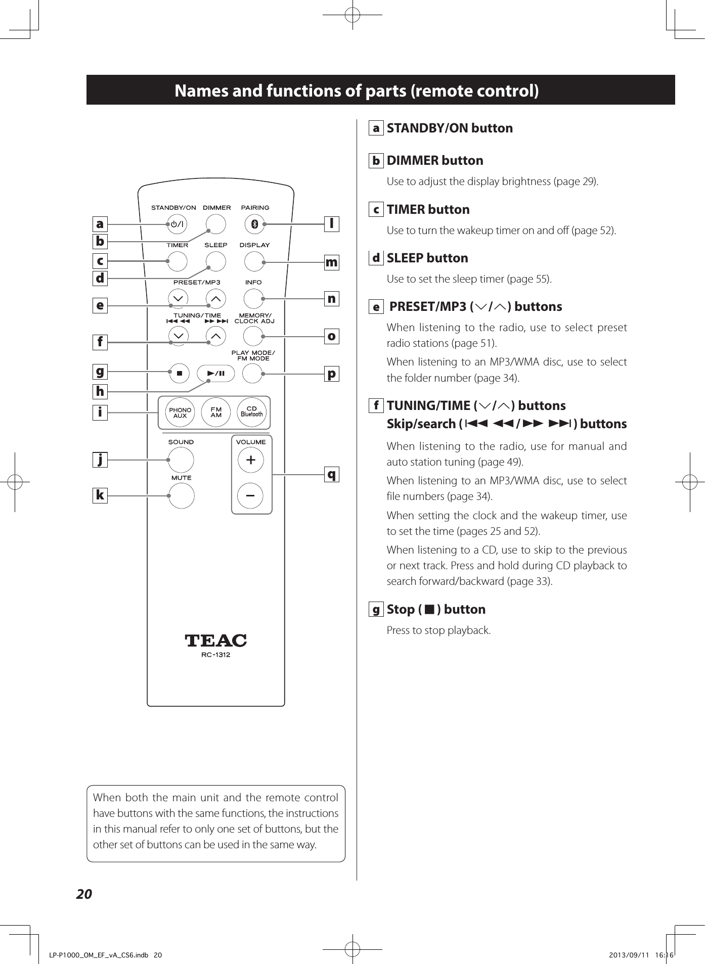 20Names and functions of parts (remote control)abcdhemfgniopqljk a  STANDBY/ON button b  DIMMER buttonUse to adjust the display brightness (page 29). c  TIMER buttonUse to turn the wakeup timer on and off (page 52). d  SLEEP button Use to set the sleep timer (page 55). e   PRESET/MP3 (j/k) buttonsWhen listening to the radio, use to select preset radio stations (page 51).When listening to an MP3/WMA disc, use to select the folder number (page 34). f  TUNING/TIME (j/k) buttonsSkip/search (.m/,/) buttonsWhen listening to the radio, use for manual and auto station tuning (page 49).When listening to an MP3/WMA disc, use to select file numbers (page 34).When setting the clock and the wakeup timer, use to set the time (pages 25 and 52).When listening to a CD, use to skip to the previous or next track. Press and hold during CD playback to search forward/backward (page 33). g  Stop (8) buttonPress to stop playback.  When both the main unit and the remote control have buttons with the same functions, the instructions in this manual refer to only one set of buttons, but the other set of buttons can be used in the same way.LP-P1000_OM_EF_vA_CS6.indb   20 2013/09/11   16:16