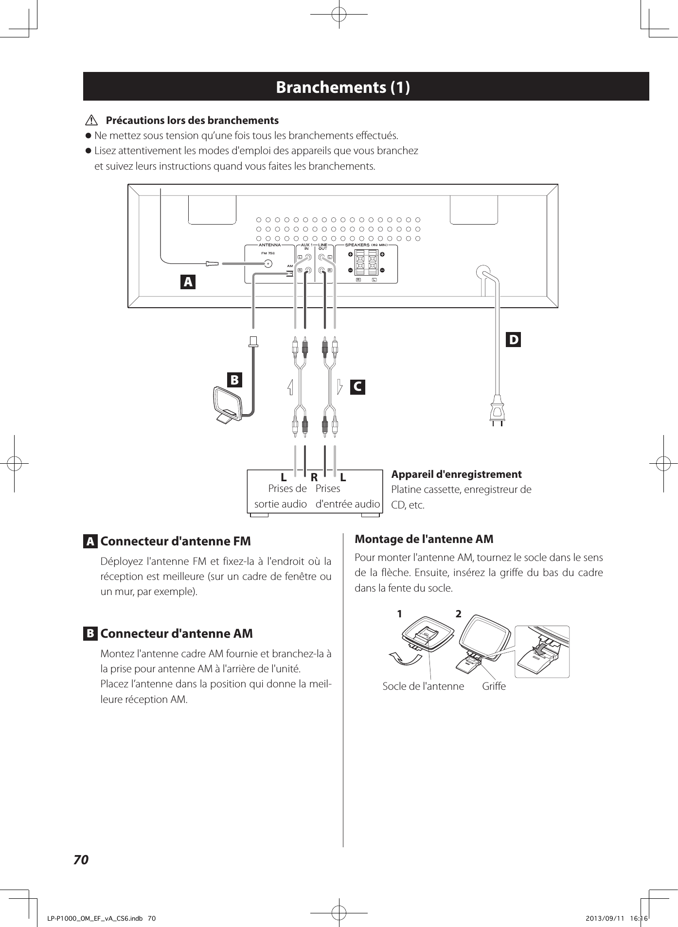 70 VPrécautions lors des branchements oNe mettez sous tension qu’une fois tous les branchements effectués. oLisez attentivement les modes d&apos;emploi des appareils que vous branchez  et suivez leurs instructions quand vous faites les branchements.BCDALLRBranchements (1) A  Connecteur d&apos;antenne FMDéployez l&apos;antenne FM et fixez-la à l&apos;endroit où la réception est meilleure (sur un cadre de fenêtre ou un mur, par exemple). B  Connecteur d&apos;antenne AMMontez l&apos;antenne cadre AM fournie et branchez-la à la prise pour antenne AM à l&apos;arrière de l&apos;unité. Placez l’antenne dans la position qui donne la meil-leure réception AM. Montage de l&apos;antenne AM Pour monter l&apos;antenne AM, tournez le socle dans le sens de la flèche. Ensuite, insérez la griffe du bas du cadre dans la fente du socle. Socle de l&apos;antenne Griffe1 2Appareil d&apos;enregistrement Platine cassette, enregistreur de CD, etc.Prises de sortie audioPrises d&apos;entrée audioLP-P1000_OM_EF_vA_CS6.indb   70 2013/09/11   16:16