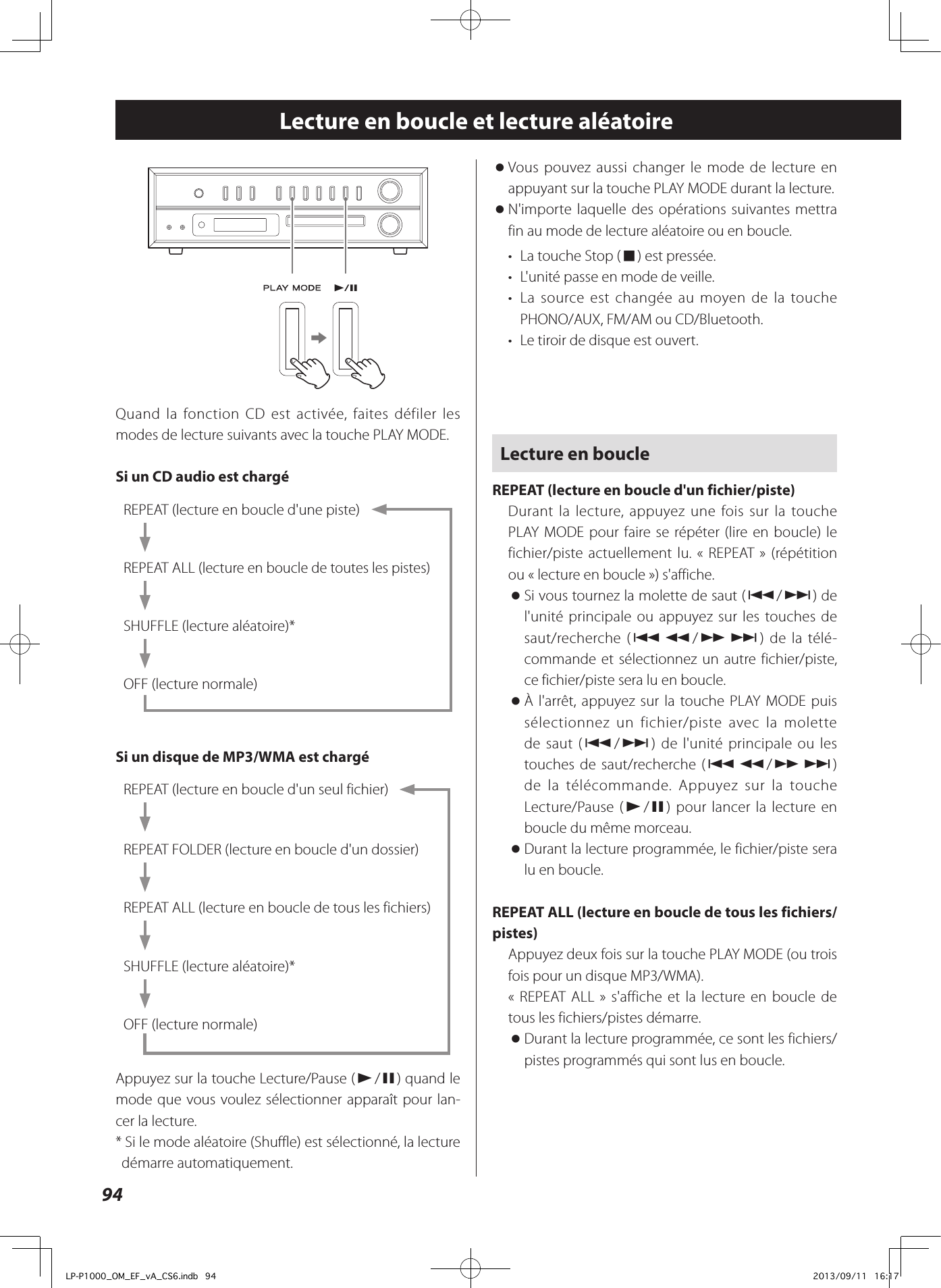 94Lecture en boucle et lecture aléatoireeQuand la fonction CD est activée, faites défiler les modes de lecture suivants avec la touche PLAY MODE.Si un CD audio est chargéREPEAT (lecture en boucle d&apos;une piste)REPEAT ALL (lecture en boucle de toutes les pistes)SHUFFLE (lecture aléatoire)*OFF (lecture normale)Si un disque de MP3/WMA est chargéREPEAT (lecture en boucle d&apos;un seul fichier)REPEAT FOLDER (lecture en boucle d&apos;un dossier)REPEAT ALL (lecture en boucle de tous les fichiers)SHUFFLE (lecture aléatoire)*OFF (lecture normale)Appuyez sur la touche Lecture/Pause (y/9) quand le mode que vous voulez sélectionner apparaît pour lan-cer la lecture.*  Si le mode aléatoire (Shuffle) est sélectionné, la lecture démarre automatiquement. oVous pouvez aussi changer le mode de lecture en appuyant sur la touche PLAY MODE durant la lecture. oN&apos;importe laquelle des opérations suivantes mettra fin au mode de lecture aléatoire ou en boucle.•  La touche Stop (8) est pressée.•  L&apos;unité passe en mode de veille.•  La source est changée au moyen de la touche PHONO/AUX, FM/AM ou CD/Bluetooth.•  Le tiroir de disque est ouvert.Lecture en boucleREPEAT (lecture en boucle d&apos;un fichier/piste)Durant la lecture, appuyez une fois sur la touche PLAY MODE pour faire se répéter (lire en boucle) le fichier/piste actuellement lu. «REPEAT» (répétition ou «lecture en boucle») s&apos;affiche. oSi vous tournez la molette de saut (.//) de l&apos;unité principale ou appuyez sur les touches de saut/recherche (.m/,/) de la télé-commande et sélectionnez un autre fichier/piste, ce fichier/piste sera lu en boucle. oÀ l&apos;arrêt, appuyez sur la touche PLAY MODE puis sélectionnez un fichier/piste avec la molette de saut (.//) de l&apos;unité principale ou les touches de saut/recherche (.m/,/)de la télécommande. Appuyez sur la touche Lecture/Pause (y/9) pour lancer la lecture en boucle du même morceau. oDurant la lecture programmée, le fichier/piste sera lu en boucle.REPEAT ALL (lecture en boucle de tous les fichiers/pistes)Appuyez deux fois sur la touche PLAY MODE (ou trois fois pour un disque MP3/WMA).«REPEAT ALL» s&apos;affiche et la lecture en boucle de tous les fichiers/pistes démarre. oDurant la lecture programmée, ce sont les fichiers/pistes programmés qui sont lus en boucle.LP-P1000_OM_EF_vA_CS6.indb   94 2013/09/11   16:17