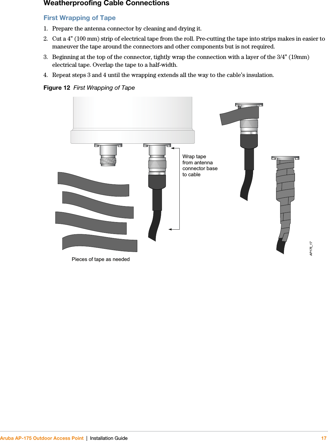 Aruba AP-175 Outdoor Access Point | Installation Guide 17Weatherproofing Cable ConnectionsFirst Wrapping of Tape1. Prepare the antenna connector by cleaning and drying it.2. Cut a 4” (100 mm) strip of electrical tape from the roll. Pre-cutting the tape into strips makes in easier to maneuver the tape around the connectors and other components but is not required.3. Beginning at the top of the connector, tightly wrap the connection with a layer of the 3/4” (19mm) electrical tape. Overlap the tape to a half-width. 4. Repeat steps 3 and 4 until the wrapping extends all the way to the cable’s insulation.Figure 12  First Wrapping of TapeWrap tapefrom antennaconnector baseto cablePieces of tape as neededAP175_17