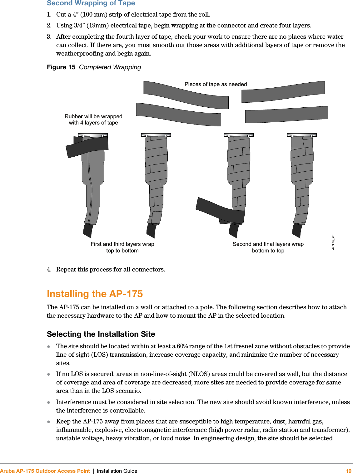 Aruba AP-175 Outdoor Access Point | Installation Guide 19Second Wrapping of Tape1. Cut a 4” (100 mm) strip of electrical tape from the roll.2. Using 3/4” (19mm) electrical tape, begin wrapping at the connector and create four layers.3. After completing the fourth layer of tape, check your work to ensure there are no places where water can collect. If there are, you must smooth out those areas with additional layers of tape or remove the weatherproofing and begin again. Figure 15  Completed Wrapping4. Repeat this process for all connectors.Installing the AP-175The AP-175 can be installed on a wall or attached to a pole. The following section describes how to attach the necessary hardware to the AP and how to mount the AP in the selected location.Selecting the Installation SiteThe site should be located within at least a 60% range of the 1st fresnel zone without obstacles to provide line of sight (LOS) transmission, increase coverage capacity, and minimize the number of necessary sites.If no LOS is secured, areas in non-line-of-sight (NLOS) areas could be covered as well, but the distance of coverage and area of coverage are decreased; more sites are needed to provide coverage for same area than in the LOS scenario.Interference must be considered in site selection. The new site should avoid known interference, unless the interference is controllable.Keep the AP-175 away from places that are susceptible to high temperature, dust, harmful gas, inflammable, explosive, electromagnetic interference (high power radar, radio station and transformer), unstable voltage, heavy vibration, or loud noise. In engineering design, the site should be selected First and third layers wraptop to bottomAP175_20Pieces of tape as neededRubber will be wrappedwith 4 layers of tapeSecond and final layers wrapbottom to top