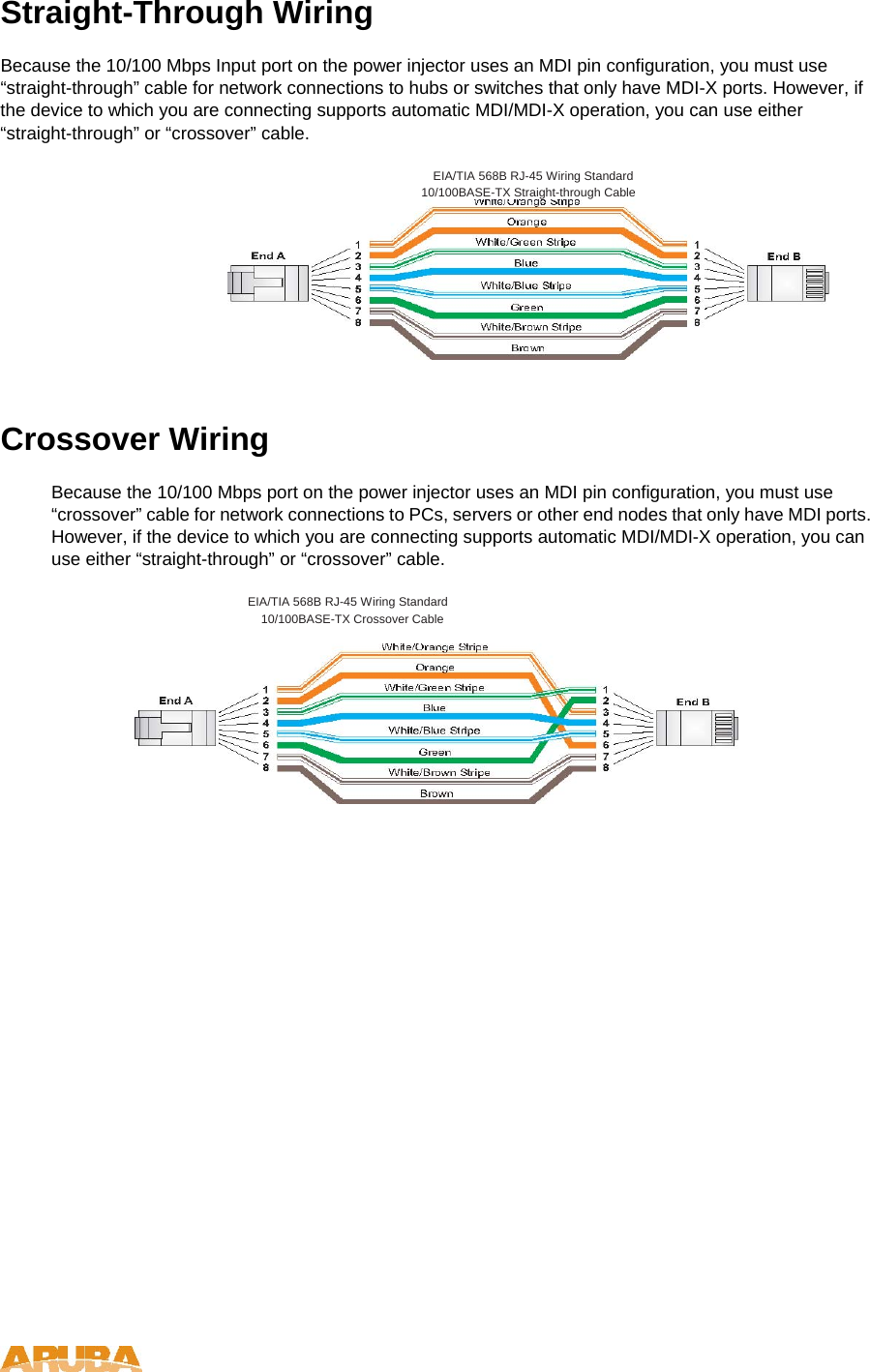 Straight-Through Wiring  Because the 10/100 Mbps Input port on the power injector uses an MDI pin configuration, you must use &ldquo;straight-through&rdquo; cable for network connections to hubs or switches that only have MDI-X ports. However, if the device to which you are connecting supports automatic MDI/MDI-X operation, you can use either &ldquo;straight-through&rdquo; or &ldquo;crossover&rdquo; cable.  EIA/TIA 568B RJ-45 Wiring Standard 10/100BASE-TX Straight-through Cable  Crossover Wiring  Because the 10/100 Mbps port on the power injector uses an MDI pin configuration, you must use &ldquo;crossover&rdquo; cable for network connections to PCs, servers or other end nodes that only have MDI ports. However, if the device to which you are connecting supports automatic MDI/MDI-X operation, you can use either &ldquo;straight-through&rdquo; or &ldquo;crossover&rdquo; cable.  EIA/TIA 568B RJ-45 Wiring Standard 10/100BASE-TX Crossover Cable      