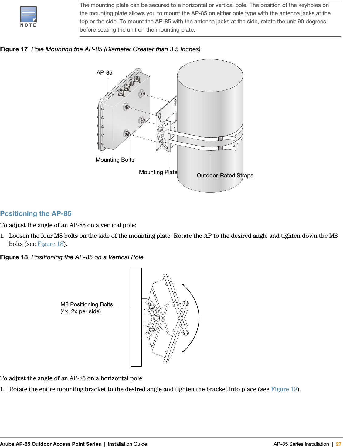  Aruba AP-85 Outdoor Access Point Series | Installation Guide AP-85 Series Installation | 27Figure 17  Pole Mounting the AP-85 (Diameter Greater than 3.5 Inches)Positioning the AP-85To adjust the angle of an AP-85 on a vertical pole:1. Loosen the four M8 bolts on the side of the mounting plate. Rotate the AP to the desired angle and tighten down the M8 bolts (see Figure 18).Figure 18  Positioning the AP-85 on a Vertical PoleTo adjust the angle of an AP-85 on a horizontal pole:1. Rotate the entire mounting bracket to the desired angle and tighten the bracket into place (see Figure 19).NOTEThe mounting plate can be secured to a horizontal or vertical pole. The position of the keyholes on the mounting plate allows you to mount the AP-85 on either pole type with the antenna jacks at the top or the side. To mount the AP-85 with the antenna jacks at the side, rotate the unit 90 degrees before seating the unit on the mounting plate.arun_0135AOutdoor-Rated StrapsMounting PlateMounting BoltsAP-85M8 Positioning Bolts (4x, 2x per side)