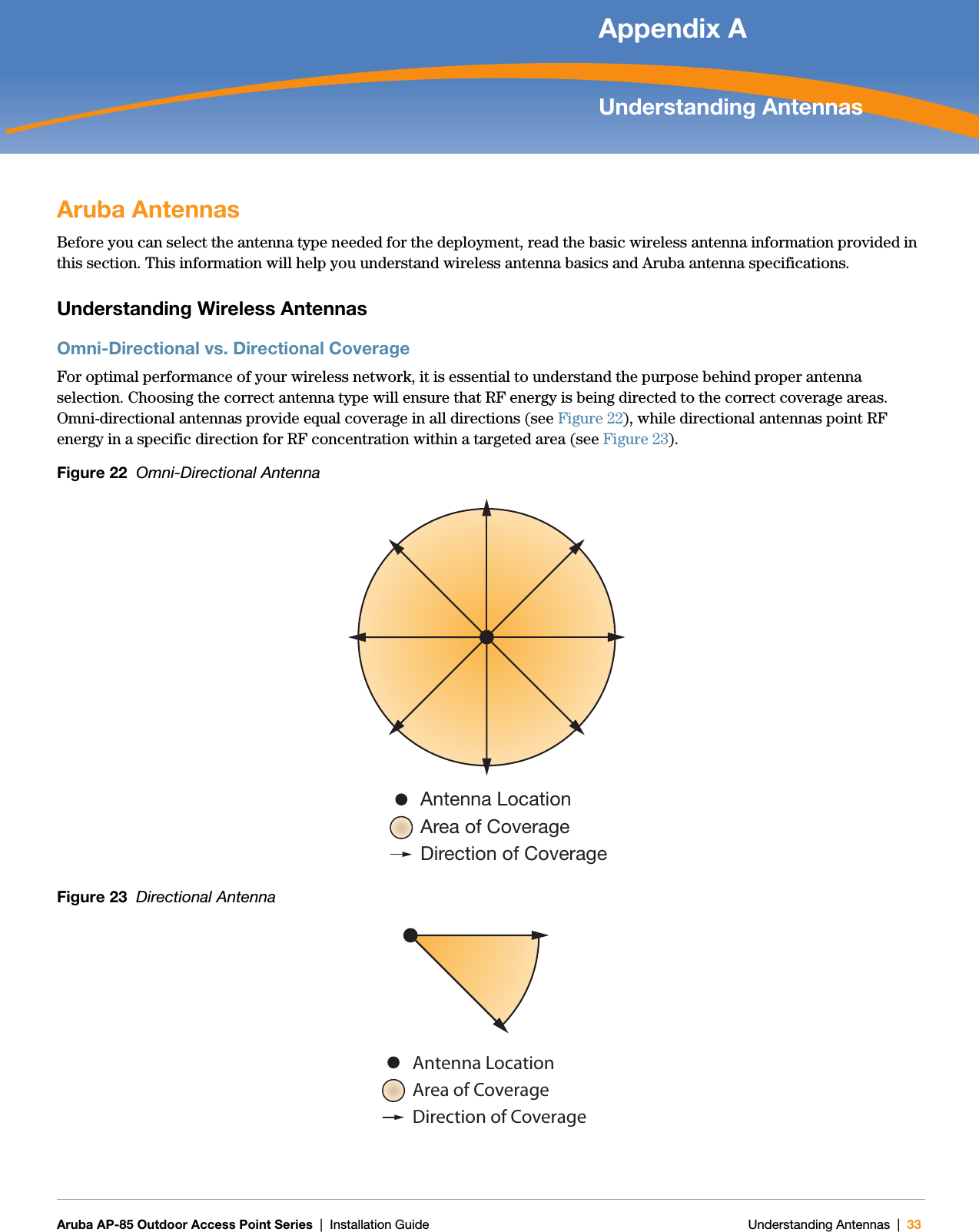   Aruba AP-85 Outdoor Access Point Series | Installation Guide Understanding Antennas | 33Appendix AUnderstanding AntennasAruba AntennasBefore you can select the antenna type needed for the deployment, read the basic wireless antenna information provided in this section. This information will help you understand wireless antenna basics and Aruba antenna specifications.Understanding Wireless AntennasOmni-Directional vs. Directional CoverageFor optimal performance of your wireless network, it is essential to understand the purpose behind proper antenna selection. Choosing the correct antenna type will ensure that RF energy is being directed to the correct coverage areas. Omni-directional antennas provide equal coverage in all directions (see Figure 22), while directional antennas point RF energy in a specific direction for RF concentration within a targeted area (see Figure 23).Figure 22  Omni-Directional AntennaFigure 23  Directional AntennaAntenna LocationArea of CoverageDirection of CoverageAntenna LocationArea of CoverageDirection of Coverage