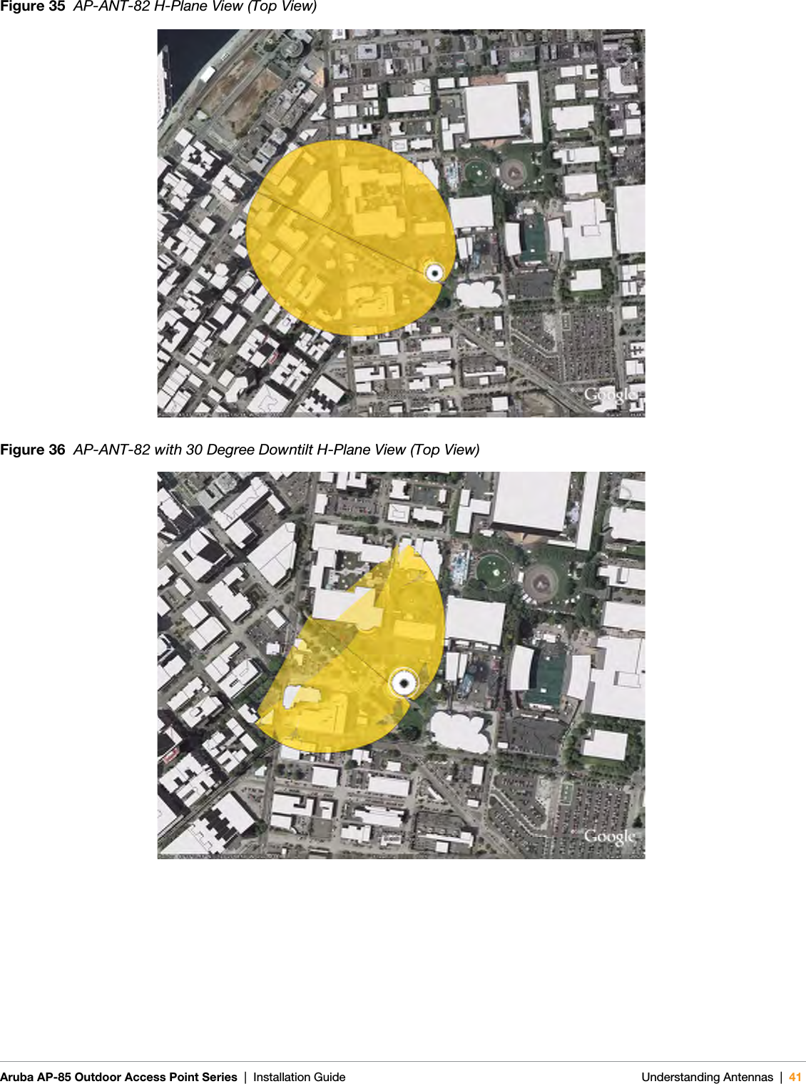 Aruba AP-85 Outdoor Access Point Series | Installation Guide Understanding Antennas | 41Figure 35  AP-ANT-82 H-Plane View (Top View)Figure 36  AP-ANT-82 with 30 Degree Downtilt H-Plane View (Top View)