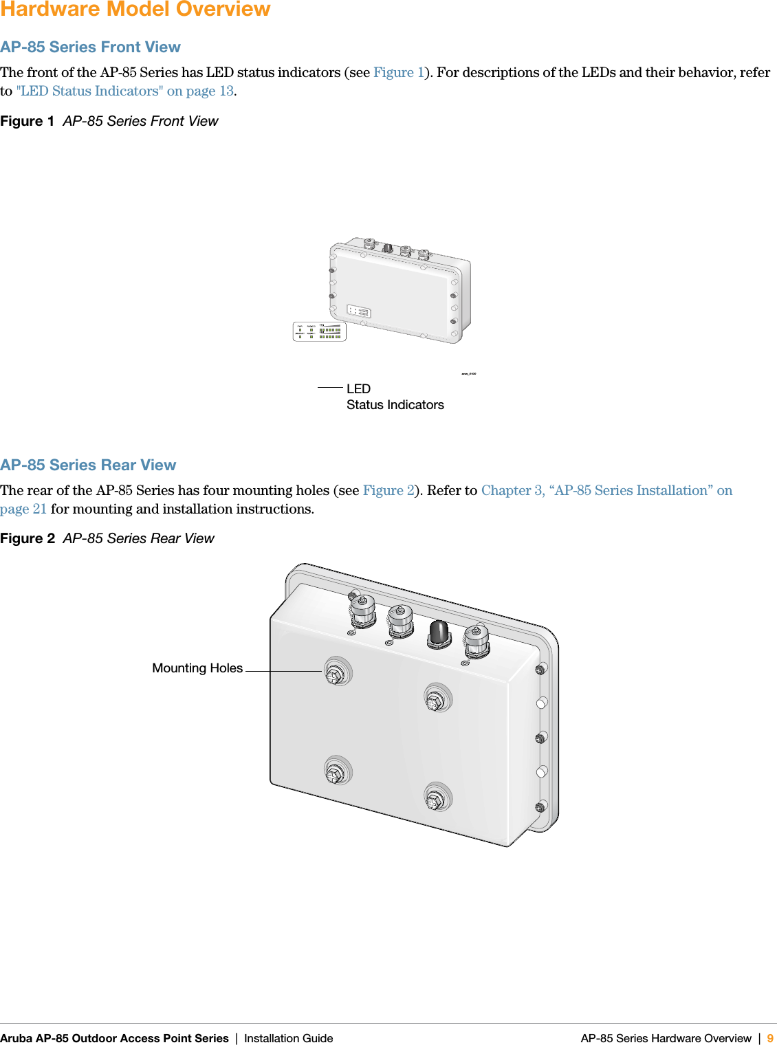  Aruba AP-85 Outdoor Access Point Series | Installation Guide AP-85 Series Hardware Overview | 9Hardware Model OverviewAP-85 Series Front ViewThe front of the AP-85 Series has LED status indicators (see Figure 1). For descriptions of the LEDs and their behavior, refer to &quot;LED Status Indicators&quot; on page13.Figure 1  AP-85 Series Front ViewAP-85 Series Rear ViewThe rear of the AP-85 Series has four mounting holes (see Figure 2). Refer to Chapter 3, “AP-85 Series Installation” on page 21 for mounting and installation instructions.Figure 2  AP-85 Series Rear Viewarun_0100LED Status IndicatorsMounting Holes