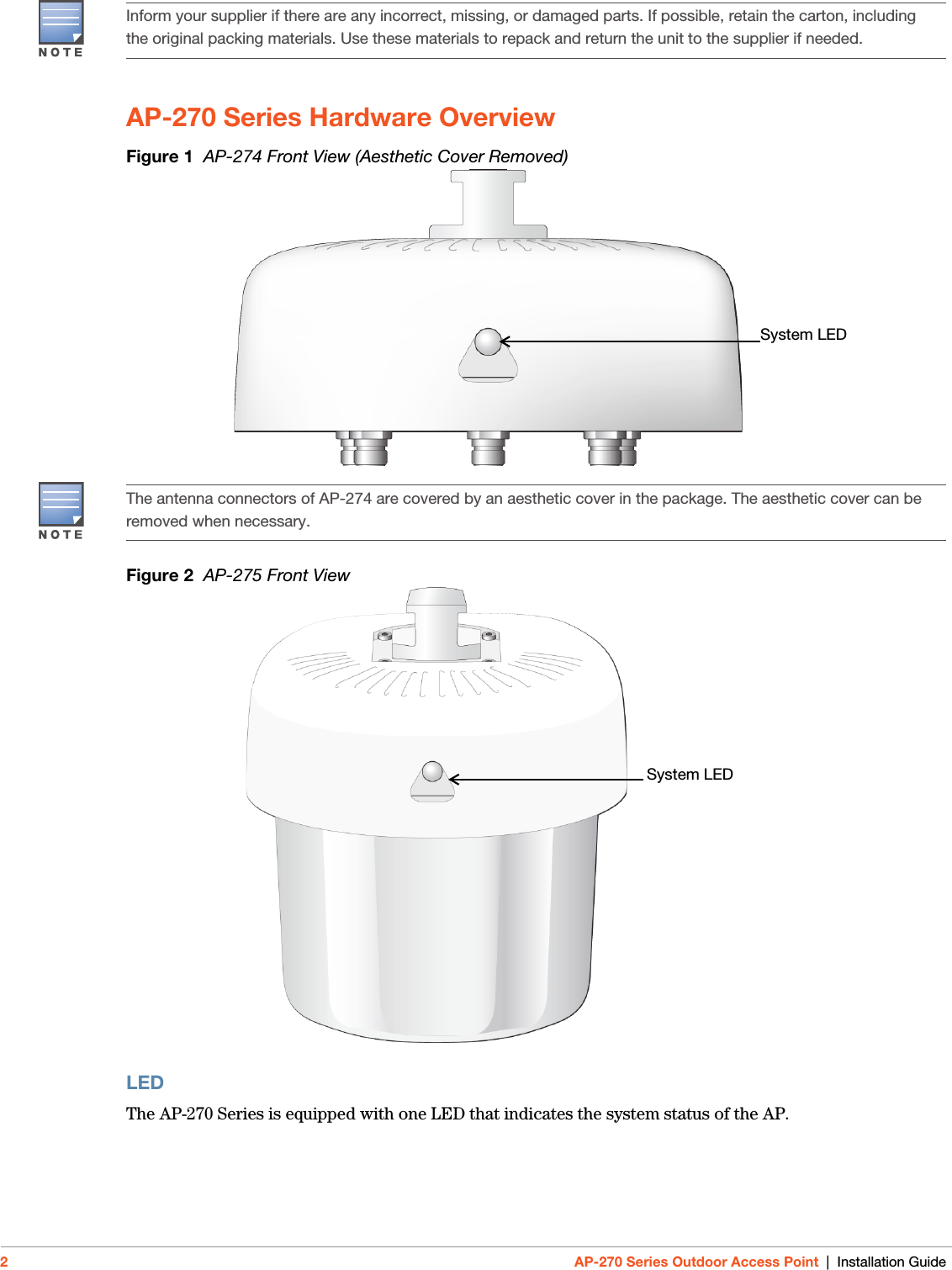 2AP-270 Series Outdoor Access Point | Installation GuideAP-270 Series Hardware OverviewFigure 1  AP-274 Front View (Aesthetic Cover Removed)Figure 2  AP-275 Front ViewLED The AP-270 Series is equipped with one LED that indicates the system status of the AP.Inform your supplier if there are any incorrect, missing, or damaged parts. If possible, retain the carton, including the original packing materials. Use these materials to repack and return the unit to the supplier if needed.System LEDThe antenna connectors of AP-274 are covered by an aesthetic cover in the package. The aesthetic cover can be removed when necessary.System LED