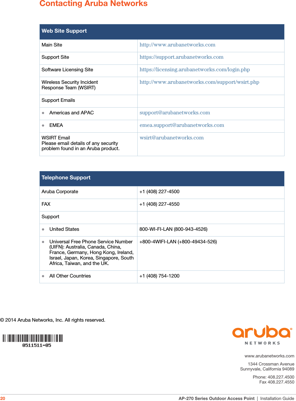 © 2014 Aruba Networks, Inc. All rights reserved.www.arubanetworks.com1344 Crossman AvenueSunnyvale, California 94089Phone: 408.227.4500Fax 408.227.455020 AP-270 Series Outdoor Access Point | Installation GuideContacting Aruba NetworksWeb Site SupportMain Site http://www.arubanetworks.com Support Site https://support.arubanetworks.com Software Licensing Site https://licensing.arubanetworks.com/login.phpWireless Security IncidentResponse Team (WSIRT) http://www.arubanetworks.com/support/wsirt.phpSupport EmailsAmericas and APAC support@arubanetworks.com EMEA emea.support@arubanetworks.comWSIRT EmailPlease email details of any securityproblem found in an Aruba product.wsirt@arubanetworks.comTelephone SupportAruba Corporate +1 (408) 227-4500FAX +1 (408) 227-4550SupportUnited States 800-WI-FI-LAN (800-943-4526)Universal Free Phone Service Number (UIFN): Australia, Canada, China, France, Germany, Hong Kong, Ireland, Israel, Japan, Korea, Singapore, South Africa, Taiwan, and the UK.+800-4WIFI-LAN (+800-49434-526)All Other Countries +1 (408) 754-1200