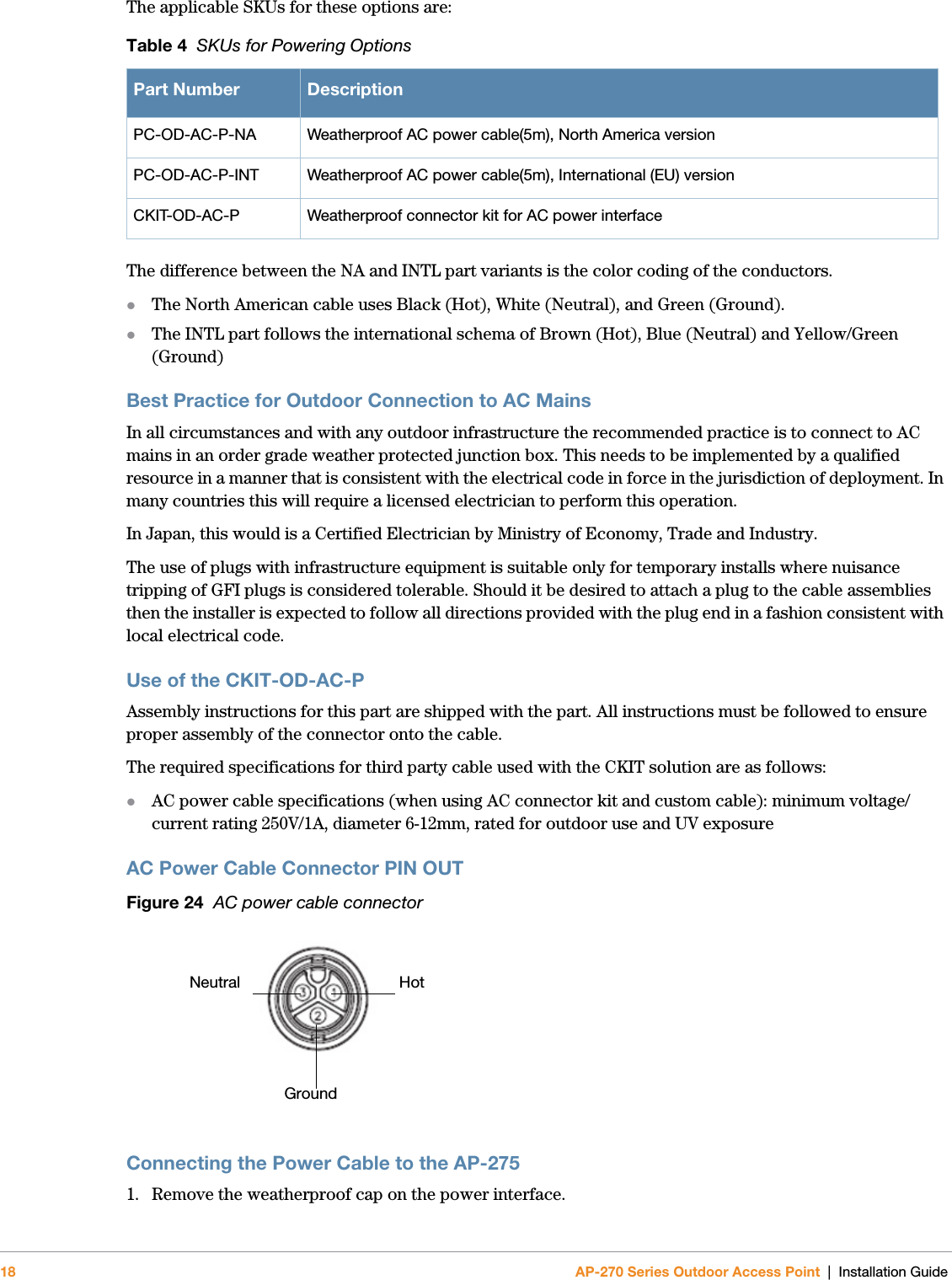 18 AP-270 Series Outdoor Access Point | Installation GuideThe applicable SKUs for these options are:The difference between the NA and INTL part variants is the color coding of the conductors. The North American cable uses Black (Hot), White (Neutral), and Green (Ground). The INTL part follows the international schema of Brown (Hot), Blue (Neutral) and Yellow/Green (Ground)Best Practice for Outdoor Connection to AC MainsIn all circumstances and with any outdoor infrastructure the recommended practice is to connect to AC mains in an order grade weather protected junction box. This needs to be implemented by a qualified resource in a manner that is consistent with the electrical code in force in the jurisdiction of deployment. In many countries this will require a licensed electrician to perform this operation.In Japan, this would is a Certified Electrician by Ministry of Economy, Trade and Industry.The use of plugs with infrastructure equipment is suitable only for temporary installs where nuisance tripping of GFI plugs is considered tolerable. Should it be desired to attach a plug to the cable assemblies then the installer is expected to follow all directions provided with the plug end in a fashion consistent with local electrical code.Use of the CKIT-OD-AC-PAssembly instructions for this part are shipped with the part. All instructions must be followed to ensure proper assembly of the connector onto the cable.The required specifications for third party cable used with the CKIT solution are as follows:AC power cable specifications (when using AC connector kit and custom cable): minimum voltage/current rating 250V/1A, diameter 6-12mm, rated for outdoor use and UV exposureAC Power Cable Connector PIN OUT Figure 24  AC power cable connector Connecting the Power Cable to the AP-2751. Remove the weatherproof cap on the power interface. Table 4  SKUs for Powering OptionsPart Number DescriptionPC-OD-AC-P-NA Weatherproof AC power cable(5m), North America versionPC-OD-AC-P-INT Weatherproof AC power cable(5m), International (EU) versionCKIT-OD-AC-P Weatherproof connector kit for AC power interface HotNeutralGround