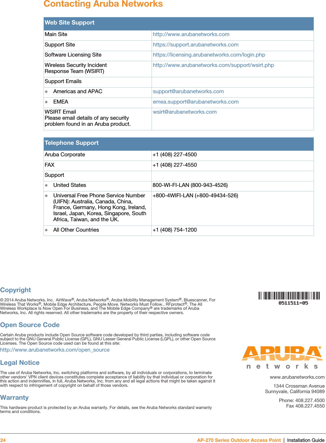 Copyright© 2014 Aruba Networks, Inc.  AirWave®, Aruba Networks®, Aruba Mobility Management System®, Bluescanner, For Wireless That Works®, Mobile Edge Architecture, People Move. Networks Must Follow., RFprotect®, The All Wireless Workplace Is Now Open For Business, and The Mobile Edge Company® are trademarks of Aruba Networks, Inc. All rights reserved. All other trademarks are the property of their respective owners.Open Source CodeCertain Aruba products include Open Source software code developed by third parties, including software code subject to the GNU General Public License (GPL), GNU Lesser General Public License (LGPL), or other Open Source Licenses. The Open Source code used can be found at this site:http://www.arubanetworks.com/open_sourceLegal NoticeThe use of Aruba Networks, Inc. switching platforms and software, by all individuals or corporations, to terminate other vendors&apos; VPN client devices constitutes complete acceptance of liability by that individual or corporation for this action and indemnifies, in full, Aruba Networks, Inc. from any and all legal actions that might be taken against it with respect to infringement of copyright on behalf of those vendors.WarrantyThis hardware product is protected by an Aruba warranty. For details, see the Aruba Networks standard warranty terms and conditions. www.arubanetworks.com1344 Crossman AvenueSunnyvale, California 94089Phone: 408.227.4500Fax 408.227.455024 AP-270 Series Outdoor Access Point | Installation GuideContacting Aruba NetworksWeb Site SupportMain Site http://www.arubanetworks.com Support Site https://support.arubanetworks.com Software Licensing Site https://licensing.arubanetworks.com/login.phpWireless Security IncidentResponse Team (WSIRT) http://www.arubanetworks.com/support/wsirt.phpSupport EmailsAmericas and APAC support@arubanetworks.com EMEA emea.support@arubanetworks.comWSIRT EmailPlease email details of any securityproblem found in an Aruba product.wsirt@arubanetworks.comTelephone SupportAruba Corporate +1 (408) 227-4500FAX +1 (408) 227-4550SupportUnited States 800-WI-FI-LAN (800-943-4526)Universal Free Phone Service Number (UIFN): Australia, Canada, China, France, Germany, Hong Kong, Ireland, Israel, Japan, Korea, Singapore, South Africa, Taiwan, and the UK.+800-4WIFI-LAN (+800-49434-526)All Other Countries +1 (408) 754-1200