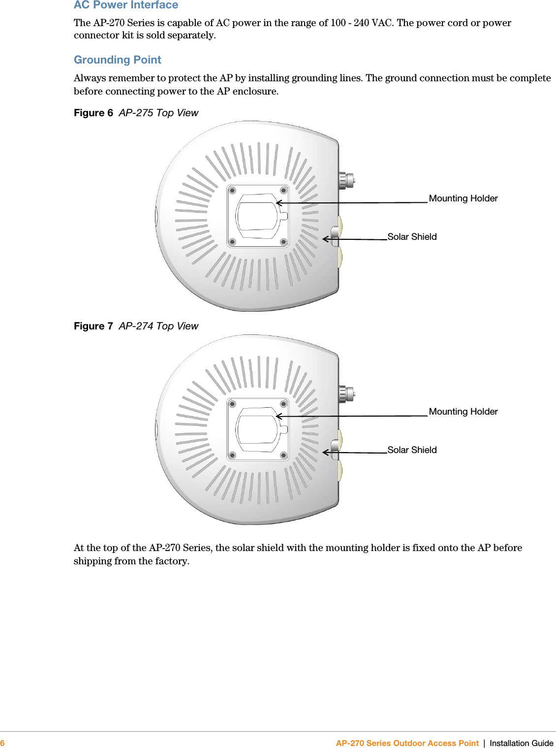 6AP-270 Series Outdoor Access Point | Installation GuideAC Power InterfaceThe AP-270 Series is capable of AC power in the range of 100 - 240 VAC. The power cord or power connector kit is sold separately.Grounding PointAlways remember to protect the AP by installing grounding lines. The ground connection must be complete before connecting power to the AP enclosure. Figure 6  AP-275 Top ViewFigure 7  AP-274 Top ViewAt the top of the AP-270 Series, the solar shield with the mounting holder is fixed onto the AP before shipping from the factory.Solar ShieldMounting HolderSolar ShieldMounting Holder