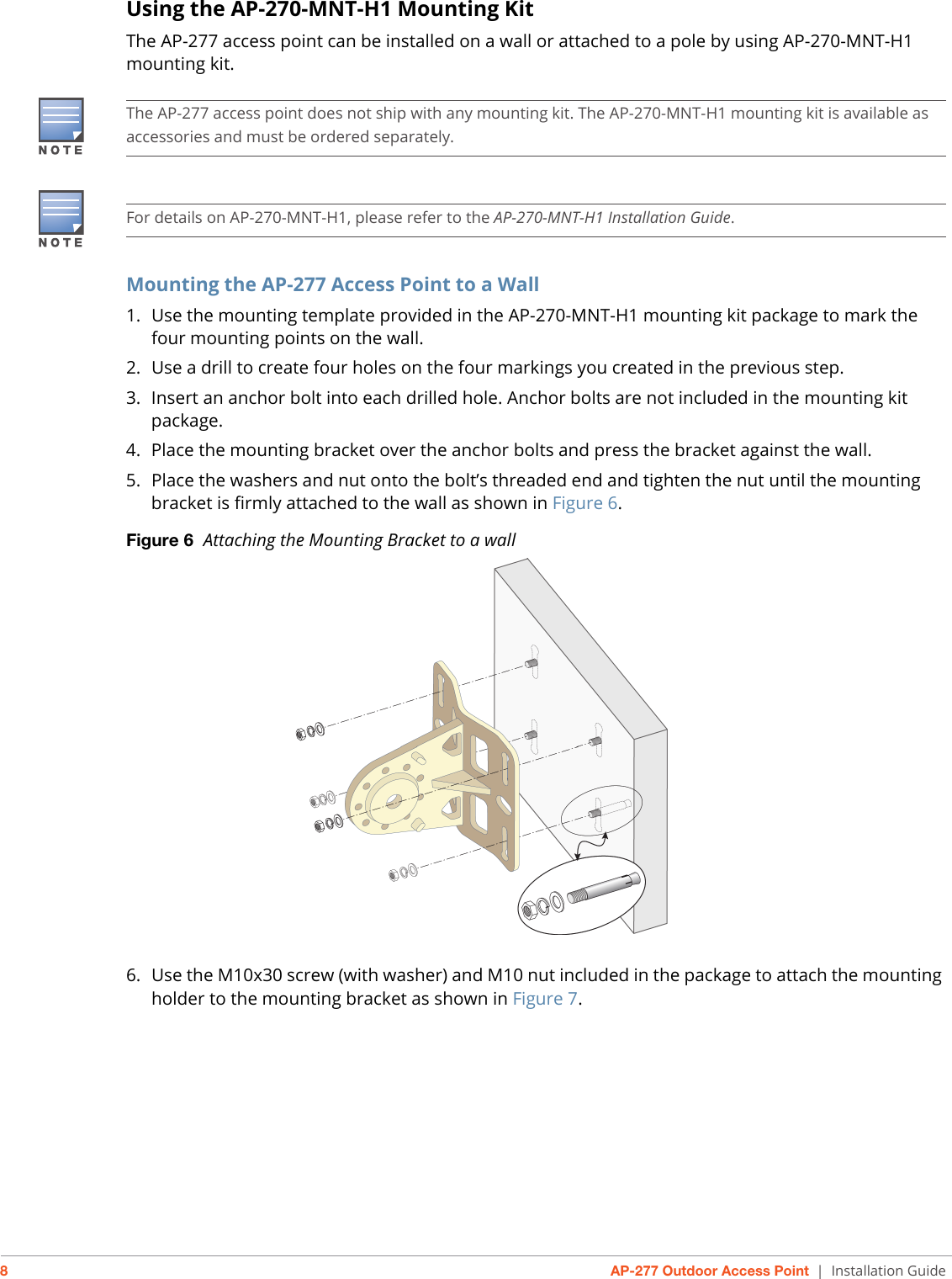 8AP-277 Outdoor Access Point | Installation GuideUsing the AP-270-MNT-H1 Mounting KitThe AP-277 access point can be installed on a wall or attached to a pole by using AP-270-MNT-H1 mounting kit.Mounting the AP-277 Access Point to a Wall1. Use the mounting template provided in the AP-270-MNT-H1 mounting kit package to mark the four mounting points on the wall.2. Use a drill to create four holes on the four markings you created in the previous step.3. Insert an anchor bolt into each drilled hole. Anchor bolts are not included in the mounting kit package.4. Place the mounting bracket over the anchor bolts and press the bracket against the wall.5. Place the washers and nut onto the bolt’s threaded end and tighten the nut until the mounting bracket is firmly attached to the wall as shown in Figure 6.Figure 6  Attaching the Mounting Bracket to a wall6. Use the M10x30 screw (with washer) and M10 nut included in the package to attach the mounting holder to the mounting bracket as shown in Figure 7. The AP-277 access point does not ship with any mounting kit. The AP-270-MNT-H1 mounting kit is available as accessories and must be ordered separately.For details on AP-270-MNT-H1, please refer to the AP-270-MNT-H1 Installation Guide.