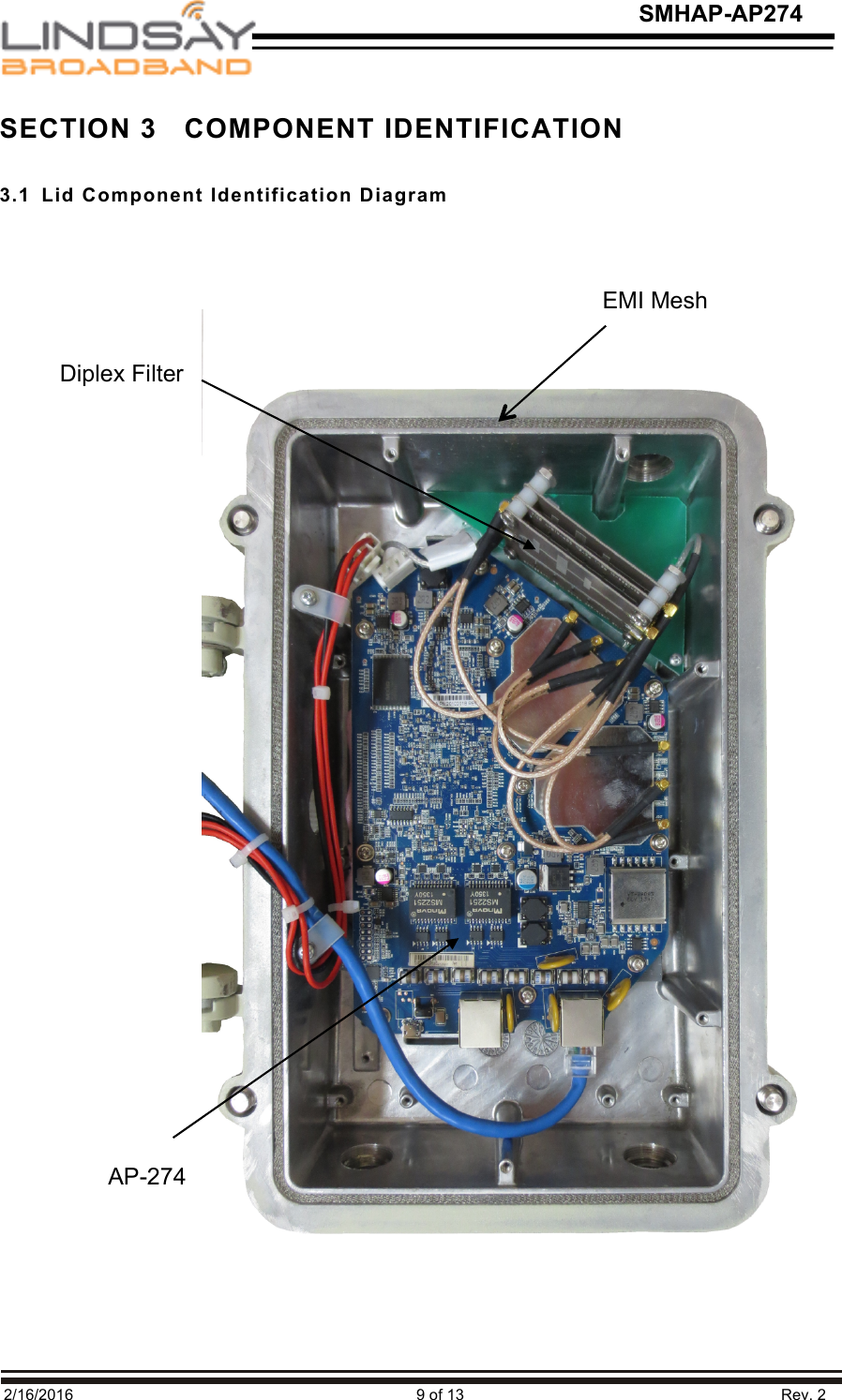   2/16/2016                                                                               9 of 13                                                                         Rev. 2 SMHAP-AP274 SECTION 3   COMPONENT IDENTIFICATION  3.1  Lid Component Identification Diagram Diplex Filter AP-274 EMI Mesh 