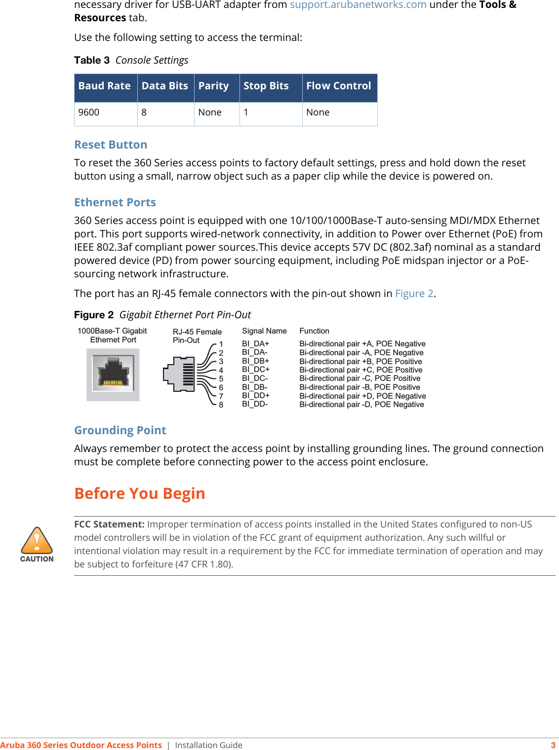 Aruba 360 Series Outdoor Access Points | Installation Guide 3necessary driver for USB-UART adapter from support.arubanetworks.com under the Tools &amp; Resources tab.Use the following setting to access the terminal:Reset ButtonTo reset the 360 Series access points to factory default settings, press and hold down the reset button using a small, narrow object such as a paper clip while the device is powered on. Ethernet Ports360 Series access point is equipped with one 10/100/1000Base-T auto-sensing MDI/MDX Ethernet port. This port supports wired-network connectivity, in addition to Power over Ethernet (PoE) from IEEE 802.3af compliant power sources.This device accepts 57V DC (802.3af) nominal as a standard powered device (PD) from power sourcing equipment, including PoE midspan injector or a PoE-sourcing network infrastructure.The port has an RJ-45 female connectors with the pin-out shown in Figure 2. Figure 2  Gigabit Ethernet Port Pin-OutGrounding PointAlways remember to protect the access point by installing grounding lines. The ground connection must be complete before connecting power to the access point enclosure. Before You BeginTable 3  Console SettingsBaud Rate Data Bits Parity Stop Bits Flow Control9600 8 None 1 None1000Base-T Gigabit Ethernet PortRJ-45 FemalePin-OutSignal Name12345678BI_DC+BI_DC-BI_DD+BI_DD-BI_DA+BI_DA-BI_DB+BI_DB-FunctionBi-directional pair +C, POE PositiveBi-directional pair -C, POE PositiveBi-directional pair +D, POE NegativeBi-directional pair -D, POE NegativeBi-directional pair +A, POE NegativeBi-directional pair -A, POE NegativeBi-directional pair +B, POE PositiveBi-directional pair -B, POE Positive   !CAUTIONFCC Statement: Improper termination of access points installed in the United States configured to non-US model controllers will be in violation of the FCC grant of equipment authorization. Any such willful or intentional violation may result in a requirement by the FCC for immediate termination of operation and may be subject to forfeiture (47 CFR 1.80).