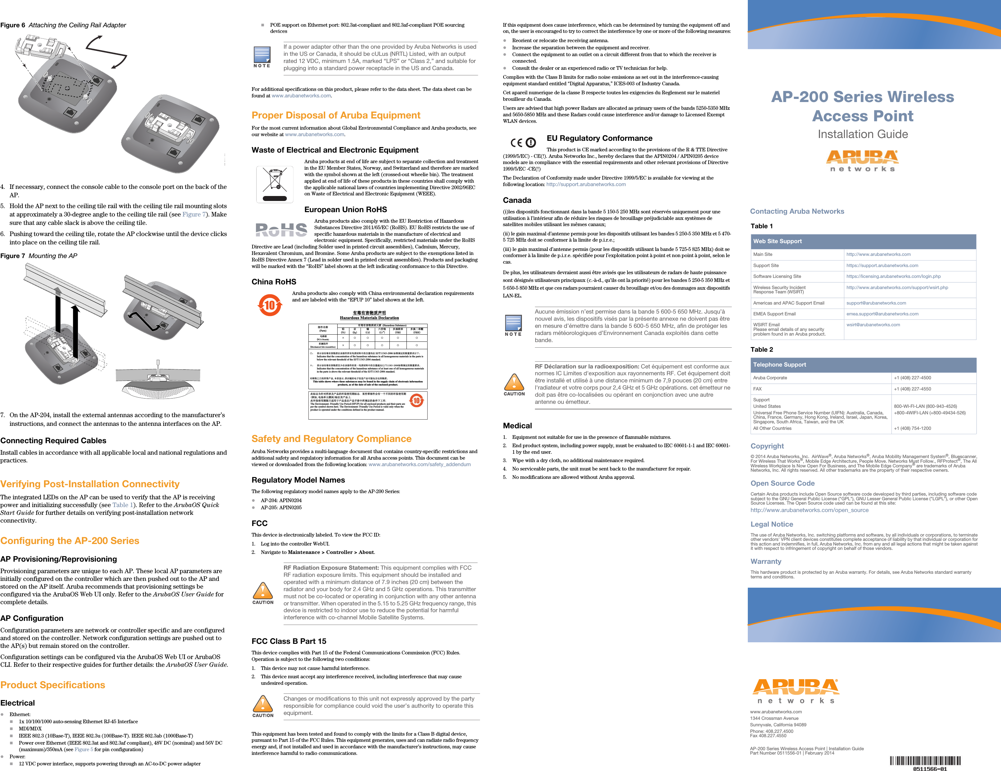 AP-200 Series Wireless Access PointInstallation Guidewww.arubanetworks.com1344 Crossman AvenueSunnyvale, California 94089Phone: 408.227.4500Fax 408.227.4550AP-200 Series Wireless Access Point | Installation GuidePart Number 0511556-01 | February 2014Contacting Aruba NetworksTable 1  Web Site SupportMain Site http://www.arubanetworks.com  Support Site https://support.arubanetworks.com  Software Licensing Site https://licensing.arubanetworks.com/login.phpWireless Security IncidentResponse Team (WSIRT) http://www.arubanetworks.com/support/wsirt.phpAmericas and APAC Support Email  support@arubanetworks.com  EMEA Support Email emea.support@arubanetworks.comWSIRT EmailPlease email details of any securityproblem found in an Aruba product.wsirt@arubanetworks.comTable 2  Telephone SupportAruba Corporate +1 (408) 227-4500FAX +1 (408) 227-4550SupportUnited StatesUniversal Free Phone Service Number (UIFN): Australia, Canada, China, France, Germany, Hong Kong, Ireland, Israel, Japan, Korea, Singapore, South Africa, Taiwan, and the UKAll Other Countries800-WI-FI-LAN (800-943-4526)+800-4WIFI-LAN (+800-49434-526)+1 (408) 754-1200Copyright© 2014 Aruba Networks, Inc.  AirWave®, Aruba Networks®, Aruba Mobility Management System®, Bluescanner, For Wireless That Works®, Mobile Edge Architecture, People Move. Networks Must Follow., RFProtect®, The All Wireless Workplace Is Now Open For Business, and The Mobile Edge Company® are trademarks of Aruba Networks, Inc. All rights reserved. All other trademarks are the property of their respective owners.Open Source CodeCertain Aruba products include Open Source software code developed by third parties, including software code subject to the GNU General Public License (&quot;GPL&quot;), GNU Lesser General Public License (&quot;LGPL&quot;), or other Open Source Licenses. The Open Source code used can be found at this site:http://www.arubanetworks.com/open_sourceLegal NoticeThe use of Aruba Networks, Inc. switching platforms and software, by all individuals or corporations, to terminate other vendors&apos; VPN client devices constitutes complete acceptance of liability by that individual or corporation for this action and indemnifies, in full, Aruba Networks, Inc. from any and all legal actions that might be taken against it with respect to infringement of copyright on behalf of those vendors.WarrantyThis hardware product is protected by an Aruba warranty. For details, see Aruba Networks standard warranty terms and conditions.Figure 6  Attaching the Ceiling Rail Adapter4. If necessary, connect the console cable to the console port on the back of the AP.5. Hold the AP next to the ceiling tile rail with the ceiling tile rail mounting slots at approximately a 30-degree angle to the ceiling tile rail (see Figure 7). Make sure that any cable slack is above the ceiling tile.6. Pushing toward the ceiling tile, rotate the AP clockwise until the device clicks into place on the ceiling tile rail.Figure 7  Mounting the AP7. On the AP-204, install the external antennas according to the manufacturer’s instructions, and connect the antennas to the antenna interfaces on the AP.Connecting Required CablesInstall cables in accordance with all applicable local and national regulations and practices.Verifying Post-Installation ConnectivityThe integrated LEDs on the AP can be used to verify that the AP is receiving power and initializing successfully (see Table 1). Refer to the ArubaOS Quick Start Guide for further details on verifying post-installation network connectivity.Configuring the AP-200 SeriesAP Provisioning/ReprovisioningProvisioning parameters are unique to each AP. These local AP parameters are initially configured on the controller which are then pushed out to the AP and stored on the AP itself. Aruba recommends that provisioning settings be configured via the ArubaOS Web UI only. Refer to the ArubaOS User Guide for complete details.AP ConfigurationConfiguration parameters are network or controller specific and are configured and stored on the controller. Network configuration settings are pushed out to the AP(s) but remain stored on the controller.Configuration settings can be configured via the ArubaOS Web UI or ArubaOS CLI. Refer to their respective guides for further details: the ArubaOS User Guide.Product SpecificationsElectricalEthernet:1x 10/100/1000 auto-sensing Ethernet RJ-45 InterfaceMDI/MDXIEEE 802.3 (10Base-T), IEEE 802.3u (100Base-T). IEEE 802.3ab (1000Base-T)Power over Ethernet (IEEE 802.3at and 802.3af compliant), 48V DC (nominal) and 56V DC (maximum)/350mA (see Figure 5 for pin configuration)Power:12 VDC power interface, supports powering through an AC-to-DC power adapterPOE support on Ethernet port: 802.3at-compliant and 802.3af-compliant POE sourcing devicesFor additional specifications on this product, please refer to the data sheet. The data sheet can be found at www.arubanetworks.com.Proper Disposal of Aruba EquipmentFor the most current information about Global Environmental Compliance and Aruba products, see our website at www.arubanetworks.com.Waste of Electrical and Electronic EquipmentAruba products at end of life are subject to separate collection and treatment in the EU Member States, Norway, and Switzerland and therefore are marked with the symbol shown at the left (crossed-out wheelie bin). The treatment applied at end of life of these products in these countries shall comply with the applicable national laws of countries implementing Directive 2002/96EC on Waste of Electrical and Electronic Equipment (WEEE).European Union RoHSAruba products also comply with the EU Restriction of Hazardous Substances Directive 2011/65/EC (RoHS). EU RoHS restricts the use of specific hazardous materials in the manufacture of electrical and electronic equipment. Specifically, restricted materials under the RoHS Directive are Lead (including Solder used in printed circuit assemblies), Cadmium, Mercury, Hexavalent Chromium, and Bromine. Some Aruba products are subject to the exemptions listed in RoHS Directive Annex 7 (Lead in solder used in printed circuit assemblies). Products and packaging will be marked with the “RoHS” label shown at the left indicating conformance to this Directive.China RoHSAruba products also comply with China environmental declaration requirements and are labeled with the “EFUP 10” label shown at the left.Safety and Regulatory ComplianceAruba Networks provides a multi-language document that contains country-specific restrictions and additional safety and regulatory information for all Aruba access points. This document can be viewed or downloaded from the following location: www.arubanetworks.com/safety_addendum Regulatory Model NamesThe following regulatory model names apply to the AP-200 Series:AP-204: APIN0204AP-205: APIN0205FCCThis device is electronically labeled. To view the FCC ID:1. Log into the controller WebUI.2. Navigate to Maintenance &gt; Controller &gt; About.  FCC Class B Part 15This device complies with Part 15 of the Federal Communications Commission (FCC) Rules. Operation is subject to the following two conditions:1. This device may not cause harmful interference.2. This device must accept any interference received, including interference that may cause undesired operation.This equipment has been tested and found to comply with the limits for a Class B digital device, pursuant to Part 15 of the FCC Rules. This equipment generates, uses and can radiate radio frequency energy and, if not installed and used in accordance with the manufacturer’s instructions, may cause interference harmful to radio communications.If this equipment does cause interference, which can be determined by turning the equipment off and on, the user is encouraged to try to correct the interference by one or more of the following measures:Reorient or relocate the receiving antenna.Increase the separation between the equipment and receiver.Connect the equipment to an outlet on a circuit different from that to which the receiver is connected.Consult the dealer or an experienced radio or TV technician for help.Complies with the Class B limits for radio noise emissions as set out in the interference-causing equipment standard entitled “Digital Apparatus,” ICES-003 of Industry Canada.Cet apareil numerique de la classe B respecte toutes les exigencies du Reglement sur le materiel brouilleur du Canada.Users are advised that high power Radars are allocated as primary users of the bands 5250-5350 MHz and 5650-5850 MHz and these Radars could cause interference and/or damage to Licensed Exempt WLAN devices.EU Regulatory Conformance This product is CE marked according to the provisions of the R &amp; TTE Directive (1999/5/EC) - CE(!). Aruba Networks Inc., hereby declares that the APIN0204 / APIN0205 device models are in compliance with the essential requirements and other relevant provisions of Directive 1999/5/EC -CE(!)The Declaration of Conformity made under Directive 1999/5/EC is available for viewing at the following location: http://support.arubanetworks.comCanada(i)les dispositifs fonctionnant dans la bande 5 150-5 250 MHz sont réservés uniquement pour une utilisation à l’intérieur afin de réduire les risques de brouillage préjudiciable aux systèmes de satellites mobiles utilisant les mêmes canaux;(ii) le gain maximal d’antenne permis pour les dispositifs utilisant les bandes 5 250-5 350 MHz et 5 470-5 725 MHz doit se conformer à la limite de p.i.r.e.; (iii) le gain maximal d’antenne permis (pour les dispositifs utilisant la bande 5 725-5 825 MHz) doit se conformer à la limite de p.i.r.e. spécifiée pour l’exploitation point à point et non point à point, selon le cas. De plus, les utilisateurs devraient aussi être avisés que les utilisateurs de radars de haute puissance sont désignés utilisateurs principaux (c.-à-d., qu’ils ont la priorité) pour les bandes 5 250-5 350 MHz et 5 650-5 850 MHz et que ces radars pourraient causer du brouillage et/ou des dommages aux dispositifs LAN-EL. Medical1. Equipment not suitable for use in the presence of flammable mixtures.2. End product system, including power supply, must be evaluated to IEC 60601-1-1 and IEC 60601-1 by the end user.3. Wipe with a dry cloth, no additional maintenance required.4. No serviceable parts, the unit must be sent back to the manufacturer for repair.5. No modifications are allowed without Aruba approval. AP 204 03AP-204_04If a power adapter other than the one provided by Aruba Networks is used in the US or Canada, it should be cULus (NRTL) Listed, with an output rated 12 VDC, minimum 1.5A, marked “LPS” or “Class 2,” and suitable for plugging into a standard power receptacle in the US and Canada.!RF Radiation Exposure Statement: This equipment complies with FCC RF radiation exposure limits. This equipment should be installed and operated with a minimum distance of 7.9 inches (20 cm) between the radiator and your body for 2.4 GHz and 5 GHz operations. This transmitter must not be co-located or operating in conjunction with any other antenna or transmitter. When operated in the 5.15 to 5.25 GHz frequency range, this device is restricted to indoor use to reduce the potential for harmful interference with co-channel Mobile Satellite Systems.!Changes or modifications to this unit not expressly approved by the party responsible for compliance could void the user’s authority to operate this equipment.10᳝↦᳝ᆇ⠽䋼ໄᯢHazardous Materials Declaration᳝↦᳝ᆇ⠽䋼៪ܗ㋴(Hazardous Substance) 䚼ӊৡ⿄(Parts)  䪙3E∲+J䬝&amp;G݁Ӌ䫀&amp;U໮⒈㘨㣃3%%໮⒈Ѡ㣃䝮3%&apos;(⬉䏃ᵓ(PCA Boards) hƻ ƻ ƻ ƻ ƻᴎẄ㒘ӊ(Mechanical Sub-Assemblies) hƻ ƻ ƻ ƻ ƻƻ˖ 㸼⼎䆹᳝↦᳝ᆇ⠽䋼೼䆹䚼ӊ᠔᳝ഛ䋼ᴤ᭭Ёⱘ৿䞣ഛ೼SJ/T11363-2006 ᷛޚ㾘ᅮⱘ䰤䞣㽕∖ҹϟǄIndicates that the concentration of the hazardous substance in all homogeneous materials in the parts is below the relevant threshold of the SJ/T11363-2006 standard.h˖ 㸼⼎䆹᳝↦᳝ᆇ⠽䋼㟇ᇥ೼䆹䚼ӊⱘᶤϔഛ䋼ᴤ᭭Ёⱘ৿䞣䍙ߎ6-7ᷛޚ㾘ᅮⱘ䰤䞣㽕∖ǄIndicates that the concentration of the hazardous substance of at least one of all homogeneous materials in the parts is above the relevant threshold of the SJ/T11363-2006 standard. ᇍ䫔ଂП᮹ⱘ᠔ଂѻકᴀ㸼ᰒ⼎կᑨ䫒ⱘ⬉ᄤֵᙃѻકৃ㛑ࣙ৿䖭ѯ⠽䋼ǄThis table shows where these substances may be found in the supply chain of electronic information products, as of the date of sale of the enclosed product.   ℸᷛᖫЎ䩜ᇍ᠔⍝ঞѻકⱘ⦃ֱՓ⫼ᳳᷛᖫᶤѯ䳊䚼ӊӮ᳝ϔϾϡৠⱘ⦃ֱՓ⫼ᳳ՟བ⬉∴ऩܗ῵ഫ䌈೼݊ѻકϞℸ⦃ֱՓ⫼ᳳ䰤া䗖⫼Ѣѻકᰃ೼ѻક᠟ݠЁ᠔㾘ᅮⱘᴵӊϟᎹ԰The Environment- Friendly Use Period (EFUP) for all enclosed products and their parts are per the symbol shown here. The Environment- Friendly Use Period is valid only when the product is operated under the conditions defined in the product manual. Aucune émission n’est permise dans la bande 5 600-5 650 MHz. Jusqu’à nouvel avis, les dispositifs visés par la présente annexe ne doivent pas être en mesure d’émettre dans la bande 5 600-5 650 MHz, afin de protéger les radars météorologiques d’Environnement Canada exploités dans cette bande. !RF Déclaration sur la radioexposition: Cet équipement est conforme aux normes IC Limites d&apos;exposition aux rayonnements RF. Cet équipement doit être installé et utilisé à une distance minimum de 7,9 pouces (20 cm) entre l&apos;radiateur et votre corps pour 2,4 GHz et 5 GHz opérations. cet émetteur ne doit pas être co-localisées ou opérant en conjonction avec une autre antenne ou émetteur.