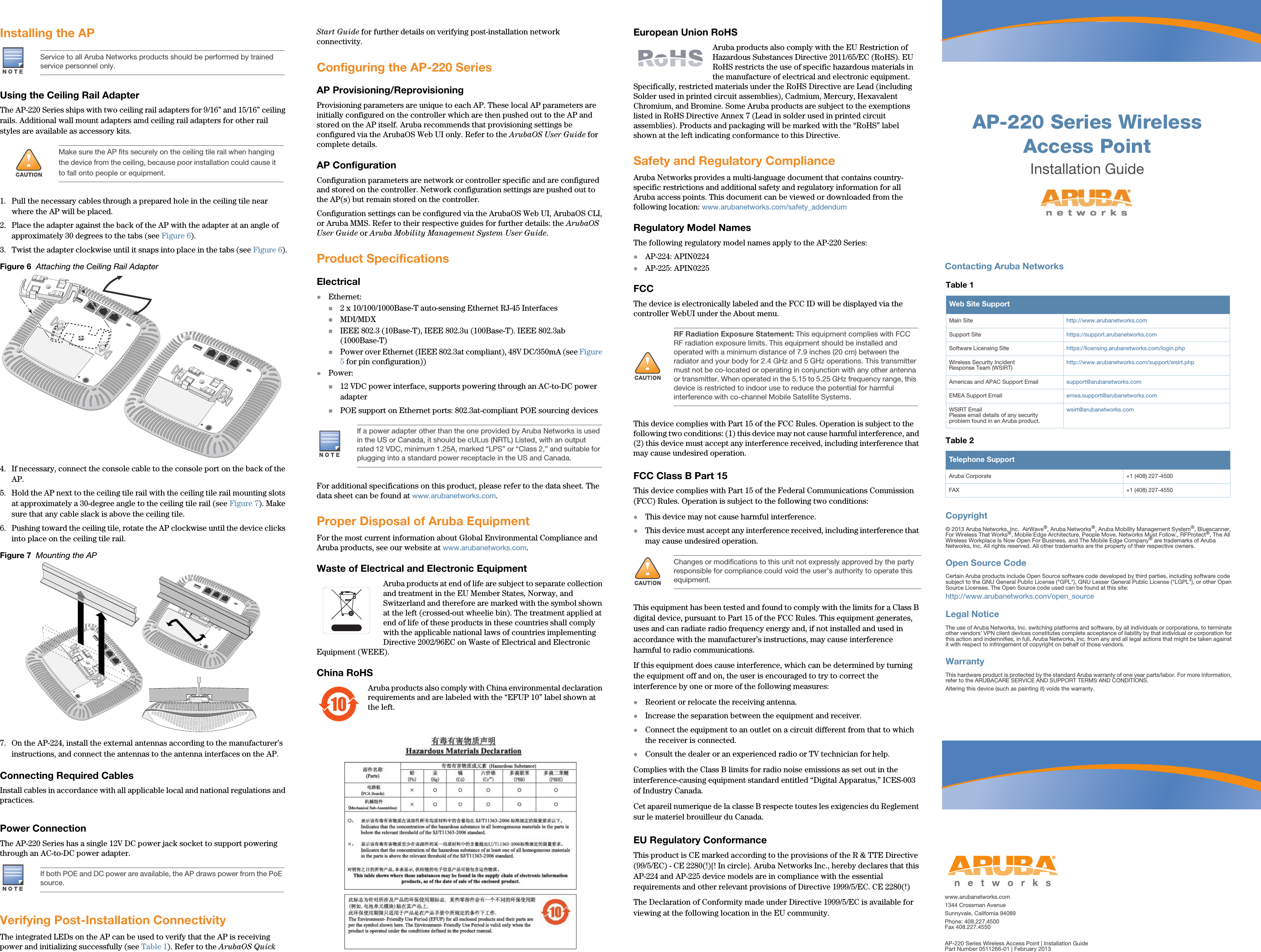 AP-220 Series Wireless Access PointInstallation Guidewww.arubanetworks.com1344 Crossman AvenueSunnyvale, California 94089Phone: 408.227.4500Fax 408.227.4550AP-220 Series Wireless Access Point | Installation GuidePart Number 0511266-01 | February 2013Contacting Aruba NetworksTable 1  Web Site SupportMain Site http://www.arubanetworks.com  Support Site https://support.arubanetworks.com  Software Licensing Site https://licensing.arubanetworks.com/login.phpWireless Security IncidentResponse Team (WSIRT)http://www.arubanetworks.com/support/wsirt.phpAmericas and APAC Support Email  support@arubanetworks.com  EMEA Support Email emea.support@arubanetworks.comWSIRT EmailPlease email details of any securityproblem found in an Aruba product.wsirt@arubanetworks.comTable 2  Telephone SupportAruba Corporate +1 (408) 227-4500FAX +1 (408) 227-4550Copyright© 2013 Aruba Networks, Inc.  AirWave®, Aruba Networks®, Aruba Mobility Management System®, Bluescanner, For Wireless That Works®, Mobile Edge Architecture, People Move. Networks Must Follow., RFProtect®, The All Wireless Workplace Is Now Open For Business, and The Mobile Edge Company® are trademarks of Aruba Networks, Inc. All rights reserved. All other trademarks are the property of their respective owners.Open Source CodeCertain Aruba products include Open Source software code developed by third parties, including software code subject to the GNU General Public License (&quot;GPL&quot;), GNU Lesser General Public License (&quot;LGPL&quot;), or other Open Source Licenses. The Open Source code used can be found at this site:http://www.arubanetworks.com/open_sourceLegal NoticeThe use of Aruba Networks, Inc. switching platforms and software, by all individuals or corporations, to terminate other vendors&apos; VPN client devices constitutes complete acceptance of liability by that individual or corporation for this action and indemnifies, in full, Aruba Networks, Inc. from any and all legal actions that might be taken against it with respect to infringement of copyright on behalf of those vendors.WarrantyThis hardware product is protected by the standard Aruba warranty of one year parts/labor. For more information, refer to the ARUBACARE SERVICE AND SUPPORT TERMS AND CONDITIONS.Altering this device (such as painting it) voids the warranty.Installing the APUsing the Ceiling Rail AdapterThe AP-220 Series ships with two ceiling rail adapters for 9/16” and 15/16” ceiling rails. Additional wall mount adapters amd ceiling rail adapters for other rail styles are available as accessory kits.1. Pull the necessary cables through a prepared hole in the ceiling tile near where the AP will be placed.2. Place the adapter against the back of the AP with the adapter at an angle of approximately 30 degrees to the tabs (see Figure 6).3. Twist the adapter clockwise until it snaps into place in the tabs (see Figure 6).Figure 6  Attaching the Ceiling Rail Adapter4. If necessary, connect the console cable to the console port on the back of the AP.5. Hold the AP next to the ceiling tile rail with the ceiling tile rail mounting slots at approximately a 30-degree angle to the ceiling tile rail (see Figure 7). Make sure that any cable slack is above the ceiling tile.6. Pushing toward the ceiling tile, rotate the AP clockwise until the device clicks into place on the ceiling tile rail.Figure 7  Mounting the AP7. On the AP-224, install the external antennas according to the manufacturer’s instructions, and connect the antennas to the antenna interfaces on the AP.Connecting Required CablesInstall cables in accordance with all applicable local and national regulations and practices.Power ConnectionThe AP-220 Series has a single 12V DC power jack socket to support powering through an AC-to-DC power adapter.Verifying Post-Installation ConnectivityThe integrated LEDs on the AP can be used to verify that the AP is receiving power and initializing successfully (see Table 1). Refer to the ArubaOS Quick Start Guide for further details on verifying post-installation network connectivity.Configuring the AP-220 SeriesAP Provisioning/ReprovisioningProvisioning parameters are unique to each AP. These local AP parameters are initially configured on the controller which are then pushed out to the AP and stored on the AP itself. Aruba recommends that provisioning settings be configured via the ArubaOS Web UI only. Refer to the ArubaOS User Guide for complete details.AP ConfigurationConfiguration parameters are network or controller specific and are configured and stored on the controller. Network configuration settings are pushed out to the AP(s) but remain stored on the controller.Configuration settings can be configured via the ArubaOS Web UI, ArubaOS CLI, or Aruba MMS. Refer to their respective guides for further details: the ArubaOS User Guide or Aruba Mobility Management System User Guide.Product SpecificationsElectricalEthernet:2 x 10/100/1000Base-T auto-sensing Ethernet RJ-45 InterfacesMDI/MDXIEEE 802.3 (10Base-T), IEEE 802.3u (100Base-T). IEEE 802.3ab (1000Base-T)Power over Ethernet (IEEE 802.3at compliant), 48V DC/350mA (see Figure 5 for pin configuration))Power:12 VDC power interface, supports powering through an AC-to-DC power adapterPOE support on Ethernet ports: 802.3at-compliant POE sourcing devicesFor additional specifications on this product, please refer to the data sheet. The data sheet can be found at www.arubanetworks.com.Proper Disposal of Aruba EquipmentFor the most current information about Global Environmental Compliance and Aruba products, see our website at www.arubanetworks.com.Waste of Electrical and Electronic EquipmentAruba products at end of life are subject to separate collection and treatment in the EU Member States, Norway, and Switzerland and therefore are marked with the symbol shown at the left (crossed-out wheelie bin). The treatment applied at end of life of these products in these countries shall comply with the applicable national laws of countries implementing Directive 2002/96EC on Waste of Electrical and Electronic Equipment (WEEE).China RoHSAruba products also comply with China environmental declaration requirements and are labeled with the “EFUP 10” label shown at the left.European Union RoHSAruba products also comply with the EU Restriction of Hazardous Substances Directive 2011/65/EC (RoHS). EU RoHS restricts the use of specific hazardous materials in the manufacture of electrical and electronic equipment. Specifically, restricted materials under the RoHS Directive are Lead (including Solder used in printed circuit assemblies), Cadmium, Mercury, Hexavalent Chromium, and Bromine. Some Aruba products are subject to the exemptions listed in RoHS Directive Annex 7 (Lead in solder used in printed circuit assemblies). Products and packaging will be marked with the “RoHS” label shown at the left indicating conformance to this Directive.Safety and Regulatory ComplianceAruba Networks provides a multi-language document that contains country-specific restrictions and additional safety and regulatory information for all Aruba access points. This document can be viewed or downloaded from the following location: www.arubanetworks.com/safety_addendum Regulatory Model NamesThe following regulatory model names apply to the AP-220 Series:AP-224: APIN0224AP-225: APIN0225FCCThe device is electronically labeled and the FCC ID will be displayed via the controller WebUI under the About menu.  This device complies with Part 15 of the FCC Rules. Operation is subject to the following two conditions: (1) this device may not cause harmful interference, and (2) this device must accept any interference received, including interference that may cause undesired operation.FCC Class B Part 15This device complies with Part 15 of the Federal Communications Commission (FCC) Rules. Operation is subject to the following two conditions:This device may not cause harmful interference.This device must accept any interference received, including interference that may cause undesired operation.This equipment has been tested and found to comply with the limits for a Class B digital device, pursuant to Part 15 of the FCC Rules. This equipment generates, uses and can radiate radio frequency energy and, if not installed and used in accordance with the manufacturer’s instructions, may cause interference harmful to radio communications.If this equipment does cause interference, which can be determined by turning the equipment off and on, the user is encouraged to try to correct the interference by one or more of the following measures:Reorient or relocate the receiving antenna.Increase the separation between the equipment and receiver.Connect the equipment to an outlet on a circuit different from that to which the receiver is connected.Consult the dealer or an experienced radio or TV technician for help.Complies with the Class B limits for radio noise emissions as set out in the interference-causing equipment standard entitled “Digital Apparatus,” ICES-003 of Industry Canada.Cet apareil numerique de la classe B respecte toutes les exigencies du Reglement sur le materiel brouilleur du Canada.EU Regulatory ConformanceThis product is CE marked according to the provisions of the R &amp; TTE Directive (99/5/EC) - CE 2280(!){! In circle}. Aruba Networks Inc., hereby declares that this AP-224 and AP-225 device models are in compliance with the essential requirements and other relevant provisions of Directive 1999/5/EC. CE 2280(!)The Declaration of Conformity made under Directive 1999/5/EC is available for viewing at the following location in the EU community.Service to all Aruba Networks products should be performed by trained service personnel only.!Make sure the AP fits securely on the ceiling tile rail when hanging the device from the ceiling, because poor installation could cause it to fall onto people or equipment.If both POE and DC power are available, the AP draws power from the PoE source.AP-220_04AP-220_005If a power adapter other than the one provided by Aruba Networks is used in the US or Canada, it should be cULus (NRTL) Listed, with an output rated 12 VDC, minimum 1.25A, marked “LPS” or “Class 2,” and suitable for plugging into a standard power receptacle in the US and Canada.10!RF Radiation Exposure Statement: This equipment complies with FCC RF radiation exposure limits. This equipment should be installed and operated with a minimum distance of 7.9 inches (20 cm) between the radiator and your body for 2.4 GHz and 5 GHz operations. This transmitter must not be co-located or operating in conjunction with any other antenna or transmitter. When operated in the 5.15 to 5.25 GHz frequency range, this device is restricted to indoor use to reduce the potential for harmful interference with co-channel Mobile Satellite Systems.!Changes or modifications to this unit not expressly approved by the party responsible for compliance could void the user’s authority to operate this equipment.