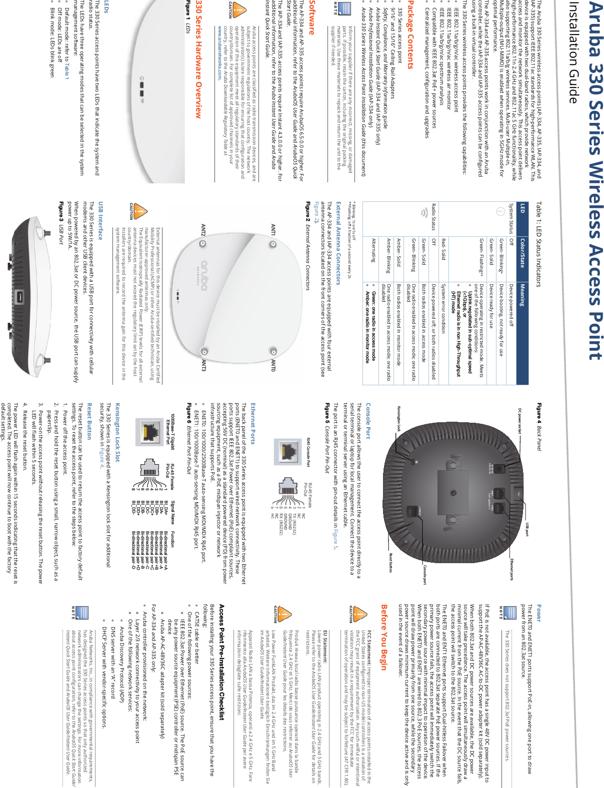 Aruba 330 Series Wireless Access PointInstallation GuideThe Aruba 330 Series wireless access points (AP-334, AP-335, IAP-334, and IAP-335) support IEEE 802.11ac standards for high-performance WLAN. This device is equipped with two dual-band radios, which provide network access and monitor the network simultaneously. This access point delivers high-performance 802.11n 2.4 GHz and 802.11ac 5 GHz functionality, while also supporting 802.11a/b/g wireless services. Multi-user Multiple-in, Multiple-output (MU-MIMO) is enabled when operating in 5GHz mode for optimal performance.The AP-334 and AP-335 access points work in conjunction with an Aruba controller, while the IAP-334 and IAP-335 access points can be configured using a built-in virtual controller.The 330 Series wireless access points provides the following capabilities:IEEE 802.11a/b/g/n/ac wireless access pointIEEE 802.11a/b/g/n/ac wireless air monitorIEEE 802.11a/b/g/n/ac spectrum analysisCompatible with IEEE 802.3at PoE+ power sourcesCentralized management, configuration and upgradesPackage Contents330 Series access point 9/16&quot; and 15/16” Ceiling Rail AdaptersSafety, Compliance, and Warranty Information guideAruba Instant Quick Start Guide (IAP-334 and IAP-335 only)Aruba Professional Installation Guide (IAP-334 only)Aruba 330 Series Wireless Access Point Installation Guide (this document)SoftwareThe AP-334 and AP-335 access points require ArubaOS 6.5.0.0 or higher. For additional information, refer to the ArubaOS User Guide and ArubaOS Quick Start Guide.The IAP-334 and IAP-335 access points require Instant 4.3.0.0 or higher. For additional information, refer to the Aruba Instant User Guide and Aruba Instant Quick Start Guide. 330 Series Hardware OverviewFigure 1  LEDsLEDsThe 330 Series access points have two LEDs that indicate the system and radio status. The LEDs have three operating modes that can be selected in the system management software:Default mode: refer to Table 1Off mode: LEDs are offBlink mode: LEDs blink green Table 1: LED Status Indicators* Blinking: 1s on/1s off**Flashing: off a fraction of a second every 2sExternal Antenna ConnectorsThe AP-334 and IAP-334 access points are equipped with four external antenna connectors located on the front corners of the access point (see Figure 2).Figure 2  External Antenna Connectors USB InterfaceThe 330 Series is equipped with a USB port for connectivity with cellular modems and other USB client devices. When powered by an 802.3at or DC power source, the USB port can supply power up to 5W/1A.Figure 3  USB PortFigure 4  Back Panel Console PortThe console port allows the user to connect the access point directly to a serial terminal or laptop for local management. Connect the device to a terminal or terminal server using an Ethernet cable.The port is an RJ45 connector with pin-out details in Figure 5.Figure 5  Console Port Pin-OutEthernet PortsThe back panel of the 330 Series access point is equipped with two Ethernet ports (ENET0 and ENET1) to support wired-network connectivity. These ports support IEEE 802.3at Power over Ethernet (PoE) compliant sources, accepting 56V DC (nominal) as a standard powered device (PD) from power sourcing equipment, such as a PoE midspan injector or network infrastructure that supports PoE.ENET0: 100/1000/2500Base-T auto-sensing MDI/MDX RJ45 port. ENET1: 100/1000Base-T auto-sensing MDI/MDX RJ45 port.Figure 6  Ethernet Port Pin-OutKensington Lock SlotThe 330 Series is equipped with a Kensington lock slot for additional security, shown in Figure 4. Reset ButtonThe reset button can be used to return the access point to factory default settings. To reset the access point, refer to the steps below:1. Power off the access point.2. Press and hold the reset button using a small, narrow object, such as a paperclip.3. Power-on the access point without releasing the reset button. The power LED will flash within 5 seconds.4. Release the reset button.The power LED will flash again within 15 seconds indicating that the reset is completed. The access point will now continue to boot with the factory default settings.PowerThe ENET0 and ENET1 ports support PoE-in, allowing one port to draw power from an 802.3at source. If PoE is not available, the access point has a single 48V DC power input to support the AP-AC-48V36C AC-to-DC power adapter kit (sold separately).When both 802.3at and DC power sources are available, the DC power source will take precedence. The access point will simultaneously draw a minimal current from the PoE source. In the event that the DC source fails, the access point will switch to the 802.3at source.The ENET0 and ENT1 Ethernet ports support Dual-hitless Failover when both ports are connected to 802.3at separate PoE power sources. If the primary power source fails, the access point will immediately switch the secondary power source with minimal impact to operation of the device. When both ENET0 and ENET1 are wired to 802.3 PoE sources, the access point will draw power primarily from one source, while the secondary power source draws minimum current to keep the device active and is only used in the event of a failover.Before You BeginAccess Point Pre-Installation ChecklistBefore installing your 330 Series access point, ensure that you have the following:CAT5E cable or betterOne of the following power sources:IEEE 802.3at Power over Ethernet (PoE) source. The PoE source can be any power source equipment (PSE) controller or midspan PSE deviceAruba AP-AC-48V36C adapter kit (sold separately)For AP-334 and AP-335 only:Aruba controller provisioned on the network:Layer 2/3 network connectivity to your access pointOne of the following network services:Aruba Discovery Protocol (ADP)DNS server with an “A” recordDHCP Server with vendor-specific options.Inform your supplier if there are any incorrect, missing, or damaged parts. If possible, retain the carton, including the original packing materials. Use these materials to repack and return the unit to the supplier if needed.Aruba access points are classified as radio transmission devices, and are subject to government regulations of the host country. The network administrator(s) is/are responsible for ensuring that configuration and operation of this equipment meet all regulatory standards of their country/domain. For complete list of approved channels in your country, refer to the Aruba Downloadable Regulatory Table at www.arubanetworks.com.LED Color/State MeaningSystem Status Off Device powered offGreen- Blinking*Device booting, not ready for useGreen- Solid Device ready for useGreen- Flashing** Device operating in restricted mode. Meets one of the following conditions:Uplink negotiated in sub-optimal speed (&lt;1Gbps), orEthernet radio is in non High-Throughput (HT) modeRed- Solid System error conditionRadio Status Off Device powered off; or both radios disabledGreen- Solid Both radios enabled in access modeGreen- Blinking One radio enabled in access mode; one radio disabledAmber- Solid Both radios enabled in monitor modeAmber- Blinking One radio enabled in access mode; one radio disabledAlternating Green: one radio in access modeAmber: one radio in monitor modeExternal antennas for this device must be installed by an Aruba Certified Mobility Professional (ACMP) or other Aruba-certified technician, using manufacturer-approved antennas only. The Equivalent Isotropically Radiated Power (EIRP) levels for all external antenna devices must not exceed the regulatory limit set by the host country/domain. Installers are required to record the antenna gain for this device in the system management software.ANT1 ANT0ANT2 ANT3CONSOLE48V     0.75AKENET1 ENET057V      600mAUSB portDC power socketEthernet portsReset buttonKensington LockConsole portRJ45 Console Port1000Base-T Gigabit Ethernet PortRJ-45 FemalePin-OutSignal Name12345678BI_DC+BI_DC-BI_DD+BI_DD-BI_DA+BI_DA-BI_DB+BI_DB-FunctionBi-directional pair +CBi-directional pair -CBi-directional pair +DBi-directional pair -DBi-directional pair +ABi-directional pair -ABi-directional pair +BBi-directional pair -B The 330 Series does not support 802.3af PoE power sources.FCC Statement: Improper termination of access points installed in the United States configured to non-US model controllers is a violation of the FCC grant of equipment authorization. Any such willful or intentional violation may result in a requirement by the FCC for immediate termination of operation and may be subject to forfeiture (47 CFR 1.80).EU Statement: Lower power radio LAN product operating in 2.4 GHz and 5 GHz bands. Please refer to the ArubaOS User Guide/Instant User Guide for details on restrictions.Produit réseau local radio basse puissance operant dans la bande fréquence 2.4 GHz et 5 GHz. Merci de vous referrer au ArubaOS User Guide/Instant User Guide pour les details des restrictions.Low Power FunkLAN Produkt, das im 2.4 GHz und im 5 GHz Band arbeitet. Weitere Informationen bezlüglich Einschränkungen finden Sie im ArubaOS User Guide/Instant User Guide.Apparati Radio LAN a bassa Potenza, operanti a 2.4 GHz e 5 GHz. Fare riferimento alla ArubaOS User Guide/Instant User Guide per avere informazioni detagliate sulle restrizioni.Aruba Networks, Inc., in compliance with governmental requirements, has designed the 330 Series access points so that only authorized network administrators can change the settings. For more information about access point configuration, refer to the ArubaOS Quick Start Guide/Instant Quick Start Guide and ArubaOS User Guide/Instant User Guide.i