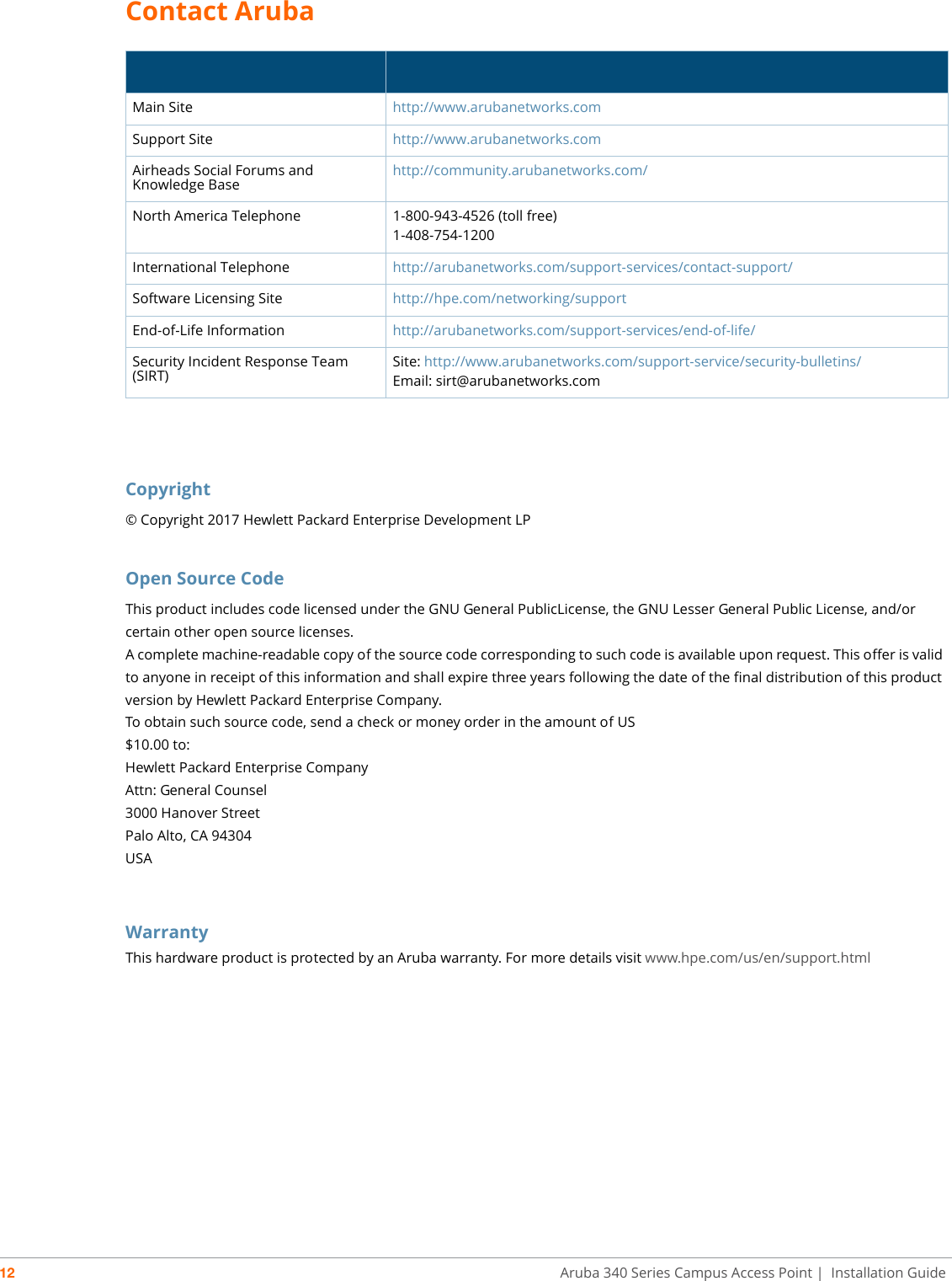 12 Aruba 340 Series Campus Access Point | Installation GuideContact ArubaCopyright© Copyright 2017 Hewlett Packard Enterprise Development LPOpen Source CodeThis product includes code licensed under the GNU General PublicLicense, the GNU Lesser General Public License, and/orcertain other open source licenses.A complete machine-readable copy of the source code corresponding to such code is available upon request. This offer is valid to anyone in receipt of this information and shall expire three years following the date of the final distribution of this product version by Hewlett Packard Enterprise Company.To obtain such source code, send a check or money order in the amount of US$10.00 to:Hewlett Packard Enterprise CompanyAttn: General Counsel3000 Hanover StreetPalo Alto, CA 94304USAWarrantyThis hardware product is protected by an Aruba warranty. For more details visit www.hpe.com/us/en/support.htmlMain Site http://www.arubanetworks.comSupport Site http://www.arubanetworks.comAirheads Social Forums and Knowledge Base http://community.arubanetworks.com/North America Telephone 1-800-943-4526 (toll free)1-408-754-1200International Telephone http://arubanetworks.com/support-services/contact-support/Software Licensing Site http://hpe.com/networking/supportEnd-of-Life Information http://arubanetworks.com/support-services/end-of-life/Security Incident Response Team (SIRT) Site: http://www.arubanetworks.com/support-service/security-bulletins/Email: sirt@arubanetworks.com