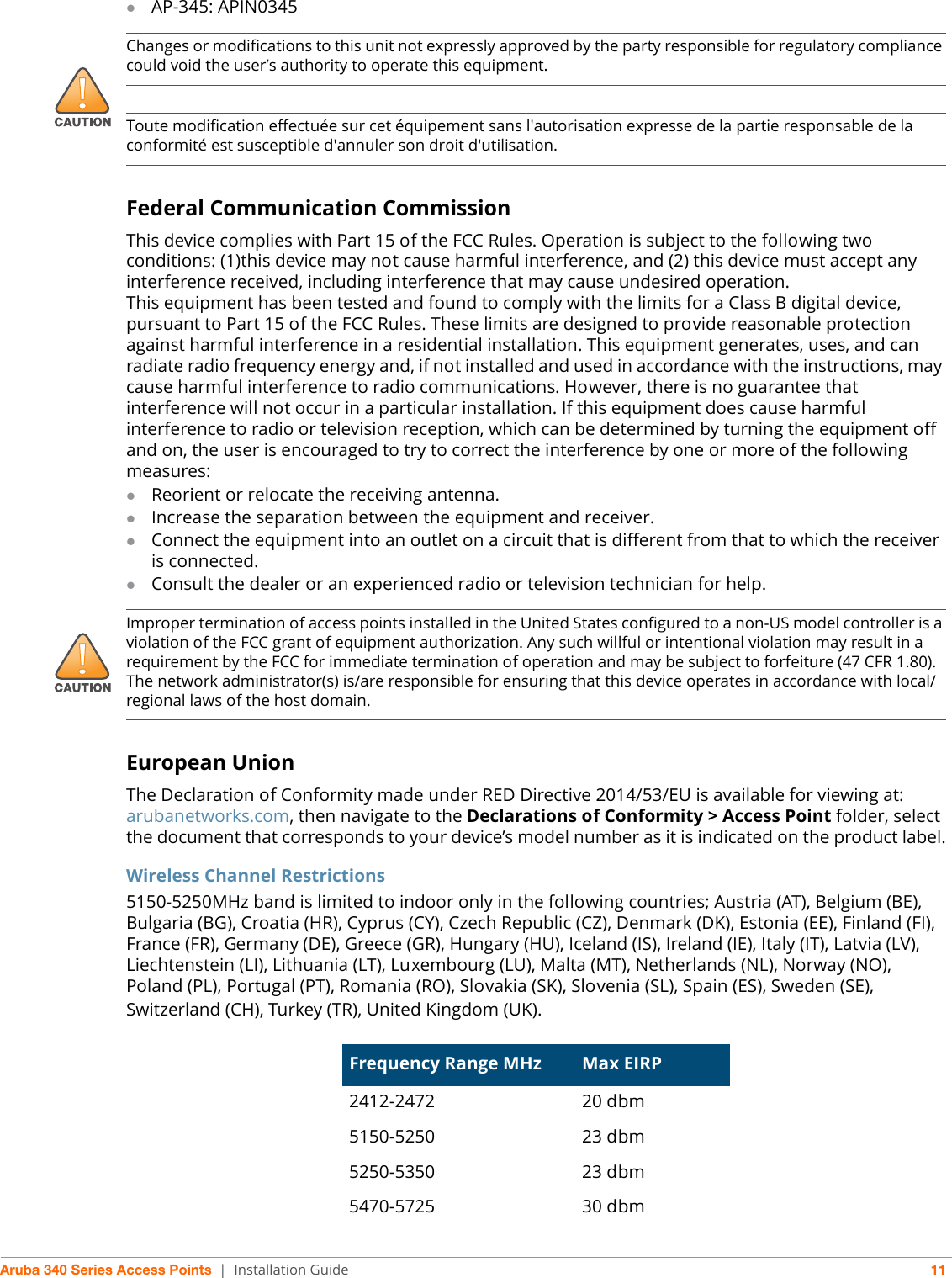 Aruba 340 Series Access Points | Installation Guide 11AP-345: APIN0345Federal Communication CommissionThis device complies with Part 15 of the FCC Rules. Operation is subject to the following two conditions: (1)this device may not cause harmful interference, and (2) this device must accept any interference received, including interference that may cause undesired operation.This equipment has been tested and found to comply with the limits for a Class B digital device, pursuant to Part 15 of the FCC Rules. These limits are designed to provide reasonable protection against harmful interference in a residential installation. This equipment generates, uses, and can radiate radio frequency energy and, if not installed and used in accordance with the instructions, may cause harmful interference to radio communications. However, there is no guarantee that interference will not occur in a particular installation. If this equipment does cause harmful interference to radio or television reception, which can be determined by turning the equipment off and on, the user is encouraged to try to correct the interference by one or more of the following measures:Reorient or relocate the receiving antenna.Increase the separation between the equipment and receiver.Connect the equipment into an outlet on a circuit that is different from that to which the receiver is connected.Consult the dealer or an experienced radio or television technician for help.European UnionThe Declaration of Conformity made under RED Directive 2014/53/EU is available for viewing at: arubanetworks.com, then navigate to the Declarations of Conformity &gt; Access Point folder, select the document that corresponds to your device’s model number as it is indicated on the product label.Wireless Channel Restrictions5150-5250MHz band is limited to indoor only in the following countries; Austria (AT), Belgium (BE), Bulgaria (BG), Croatia (HR), Cyprus (CY), Czech Republic (CZ), Denmark (DK), Estonia (EE), Finland (FI), France (FR), Germany (DE), Greece (GR), Hungary (HU), Iceland (IS), Ireland (IE), Italy (IT), Latvia (LV), Liechtenstein (LI), Lithuania (LT), Luxembourg (LU), Malta (MT), Netherlands (NL), Norway (NO), Poland (PL), Portugal (PT), Romania (RO), Slovakia (SK), Slovenia (SL), Spain (ES), Sweden (SE), Switzerland (CH), Turkey (TR), United Kingdom (UK).!Changes or modifications to this unit not expressly approved by the party responsible for regulatory compliance could void the user’s authority to operate this equipment.Toute modification effectuée sur cet équipement sans l&apos;autorisation expresse de la partie responsable de la conformité est susceptible d&apos;annuler son droit d&apos;utilisation.!Improper termination of access points installed in the United States configured to a non-US model controller is a violation of the FCC grant of equipment authorization. Any such willful or intentional violation may result in a requirement by the FCC for immediate termination of operation and may be subject to forfeiture (47 CFR 1.80).The network administrator(s) is/are responsible for ensuring that this device operates in accordance with local/regional laws of the host domain.Frequency Range MHz Max EIRP2412-2472 20 dbm5150-5250 23 dbm5250-5350 23 dbm5470-5725 30 dbm